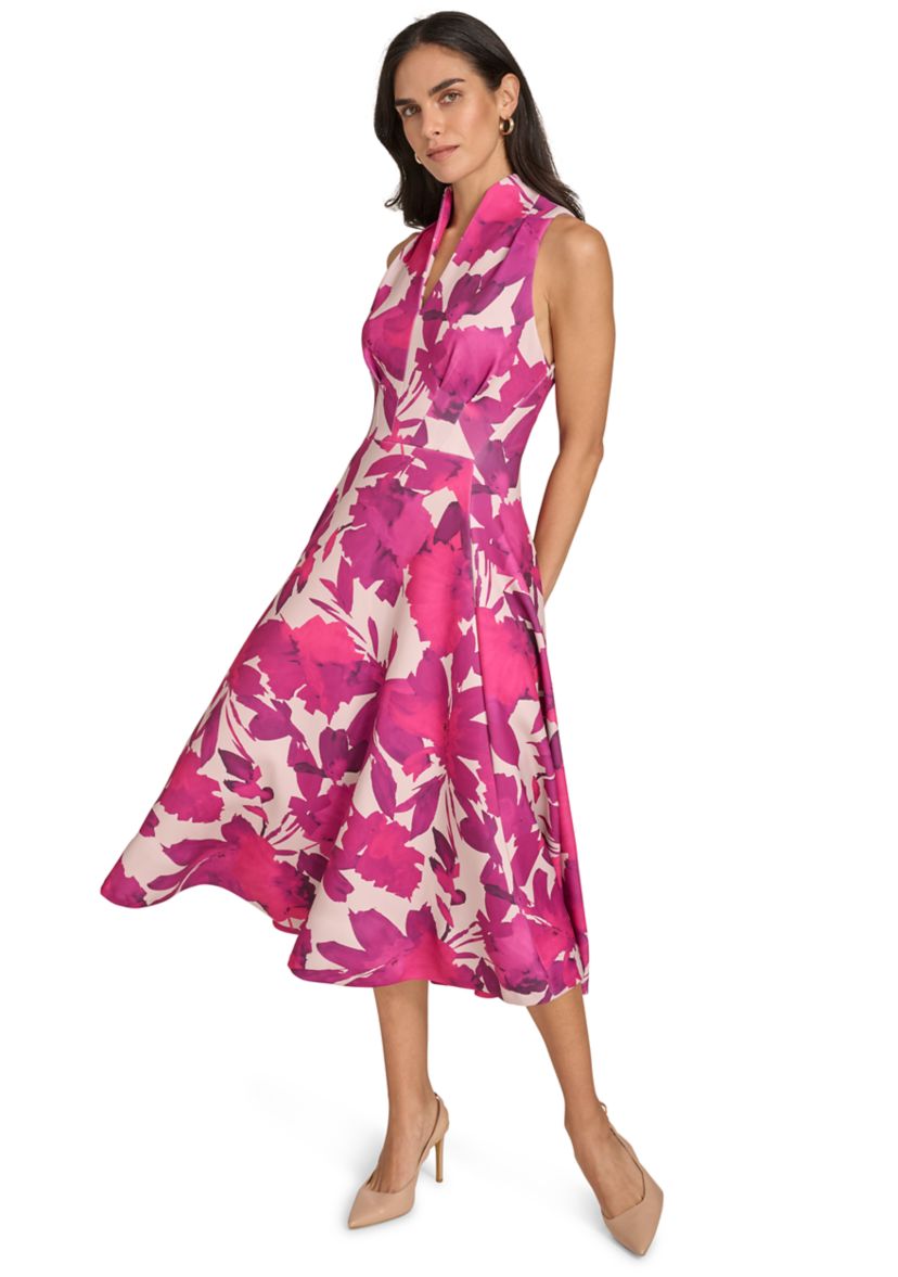 Womens Sleeveless High Neck Floral Print A-Line Dress
