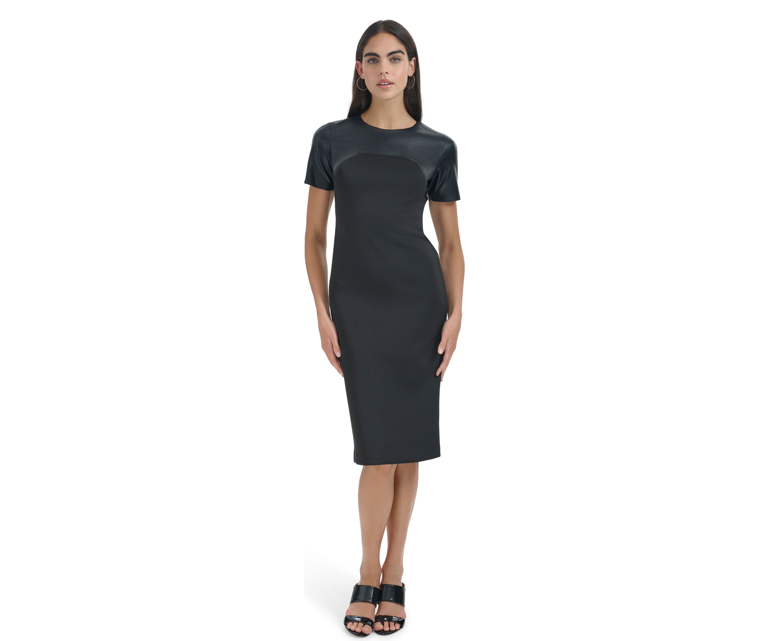 Womens Solid Faux Leather Sheath Dress