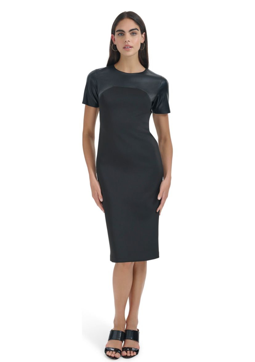 Womens Solid Faux Leather Sheath Dress