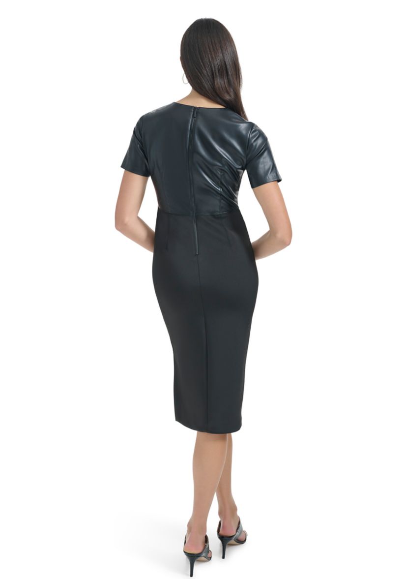 Womens Solid Faux Leather Sheath Dress