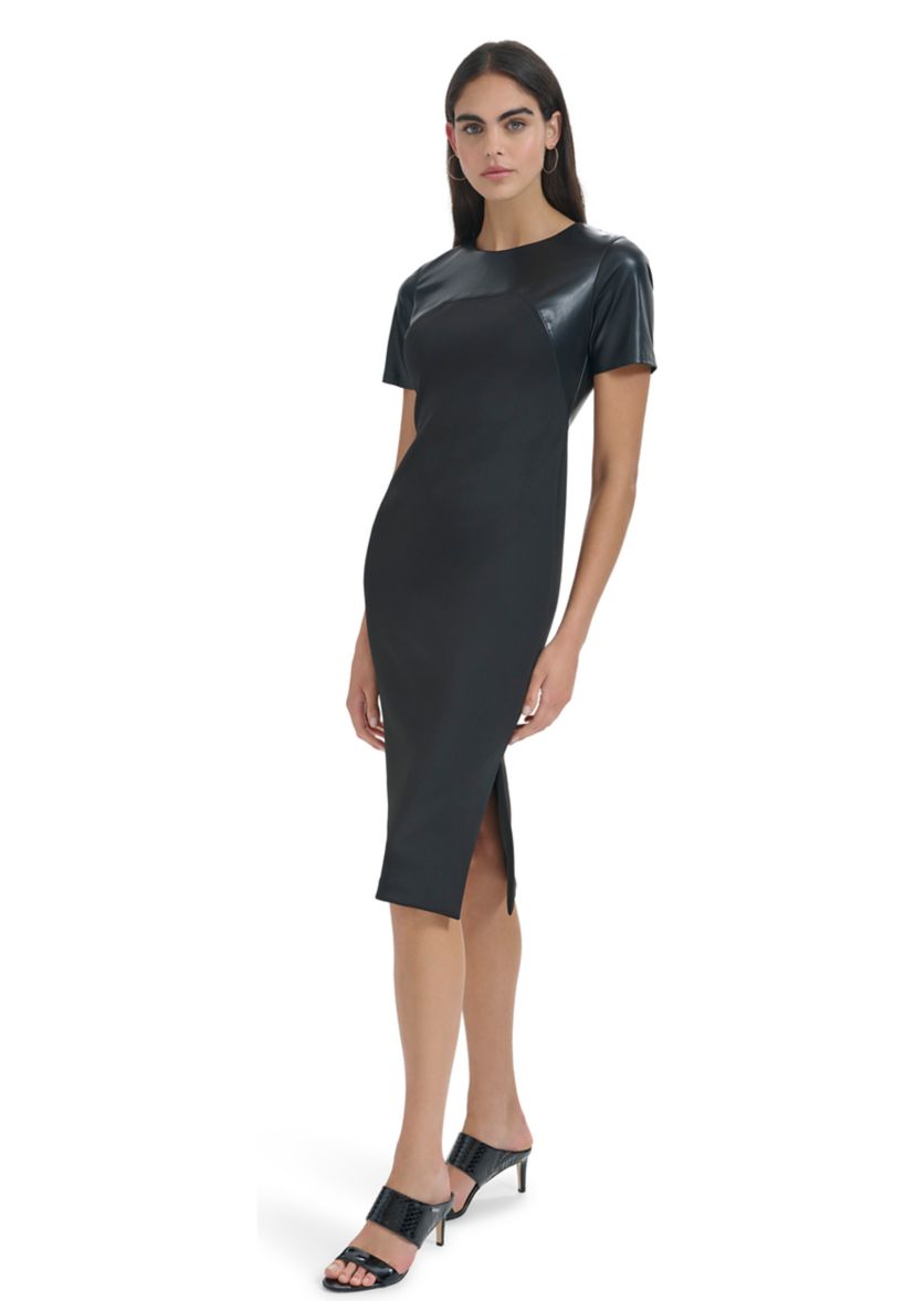 Womens Solid Faux Leather Sheath Dress