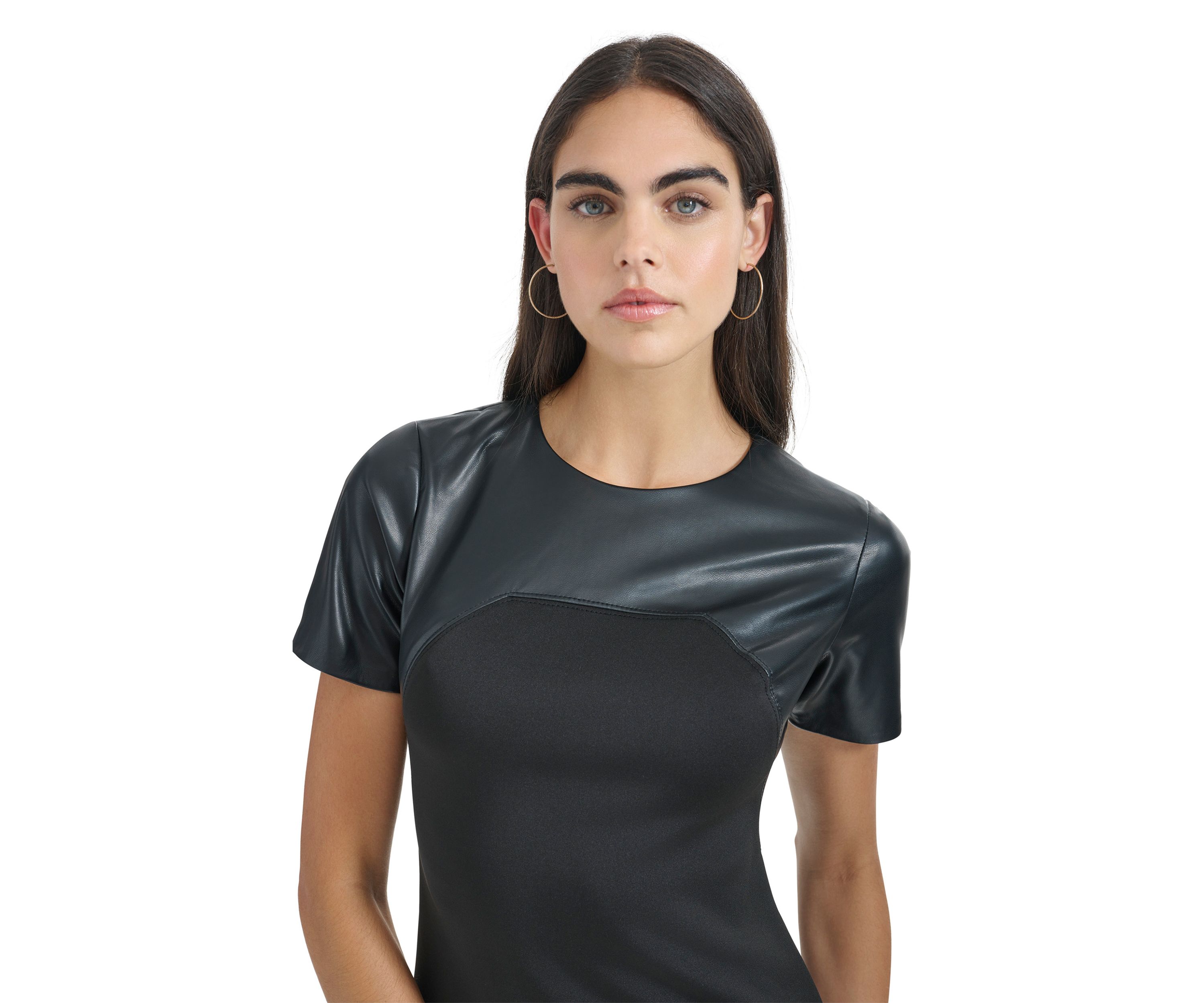 Womens Solid Faux Leather Sheath Dress