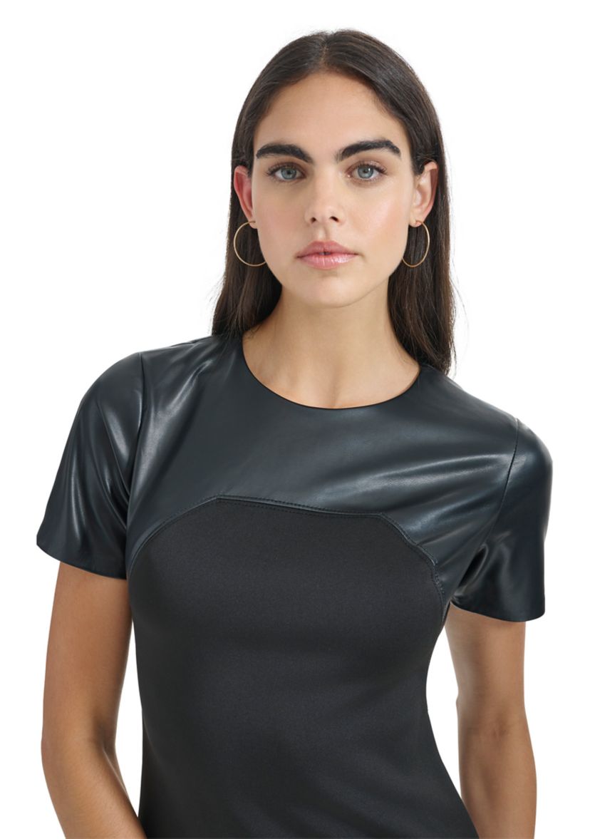 Womens Solid Faux Leather Sheath Dress