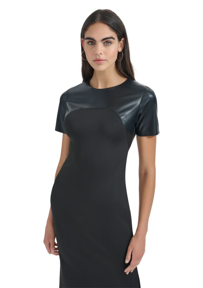 Womens Solid Faux Leather Sheath Dress