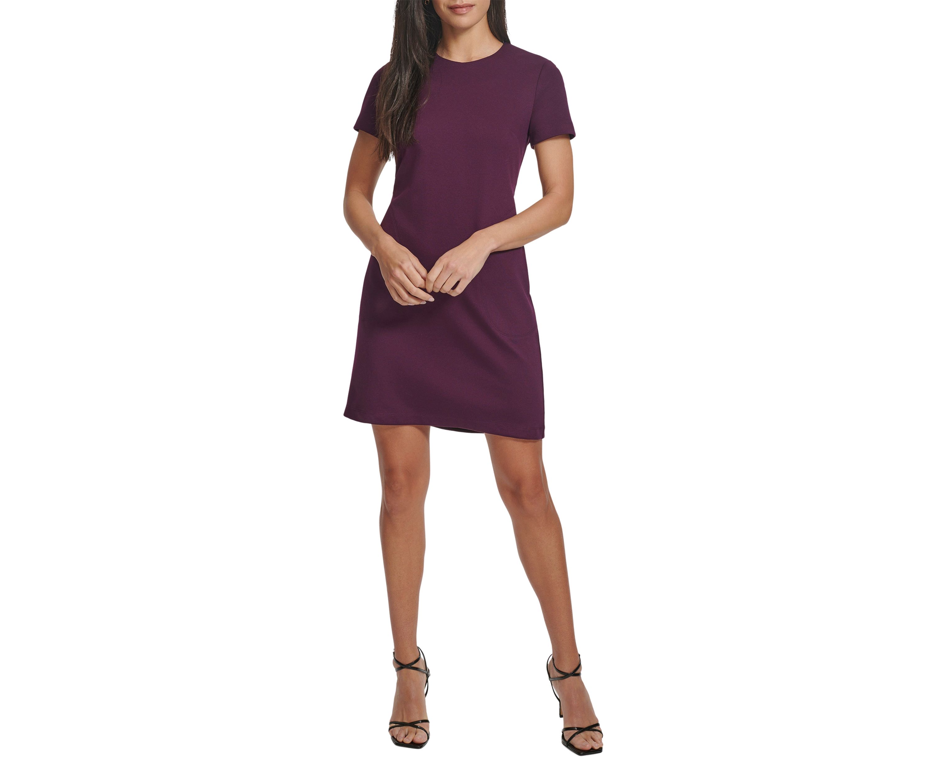 Womens Short Sleeve Crew Neck Solid Pocket Sheath Dress