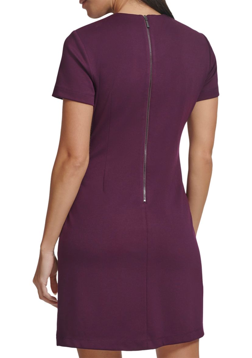 Womens Short Sleeve Crew Neck Solid Pocket Sheath Dress