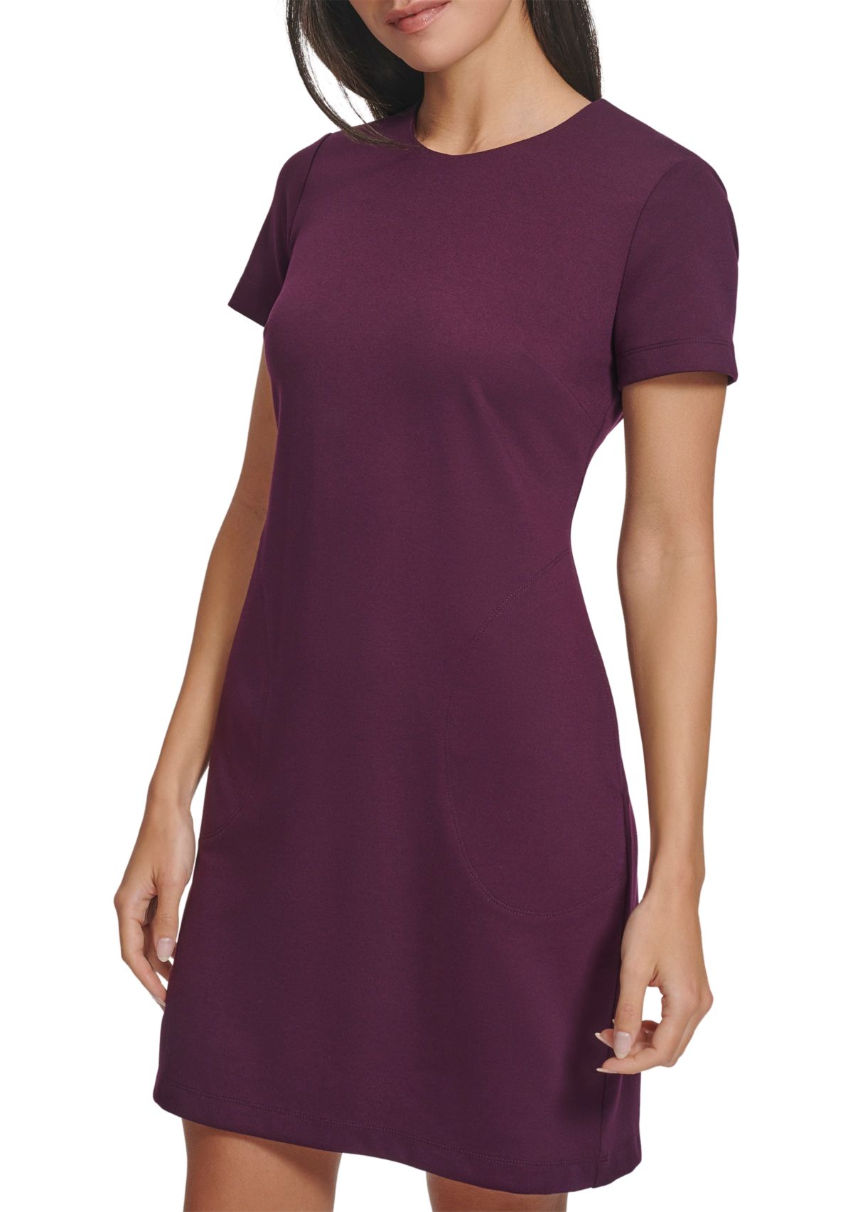 Womens Short Sleeve Crew Neck Solid Pocket Sheath Dress