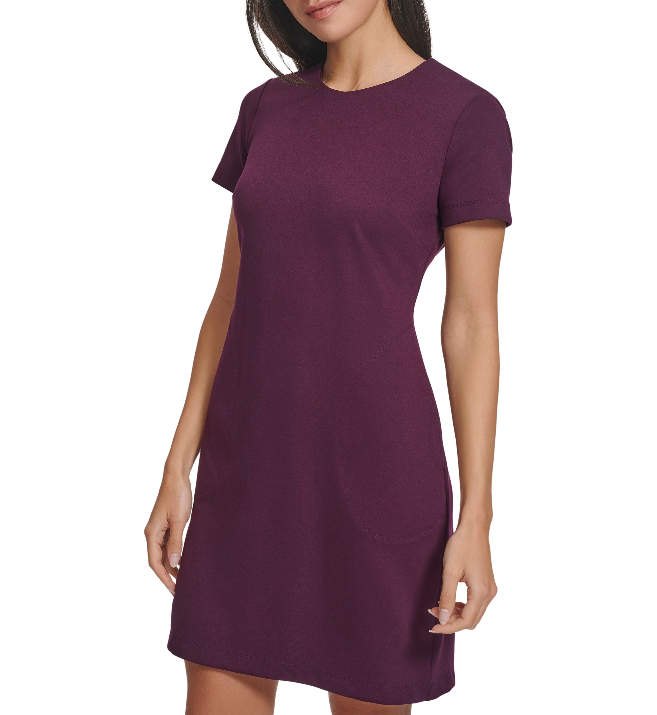 Womens Short Sleeve Crew Neck Solid Pocket Sheath Dress