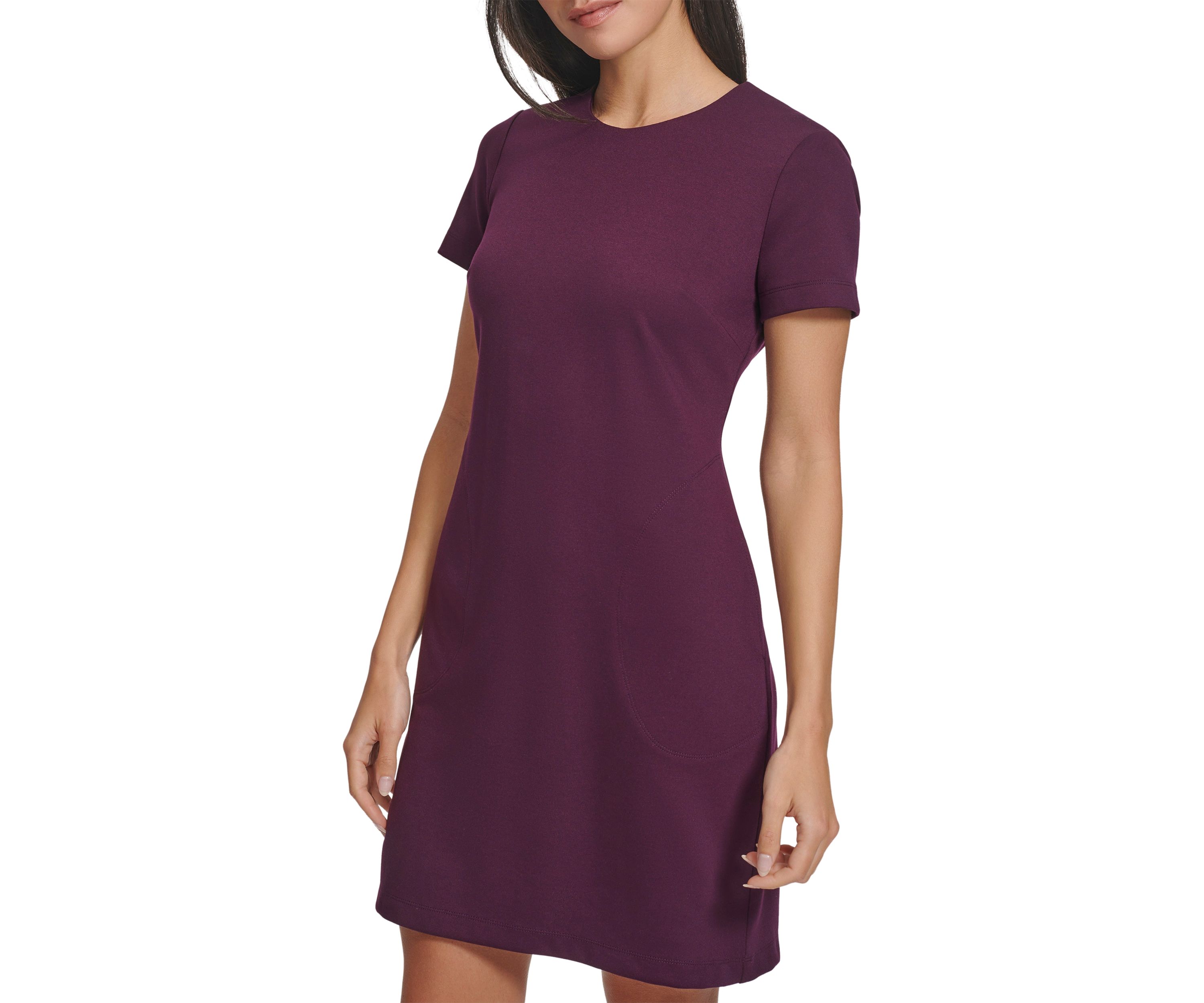 Womens Short Sleeve Crew Neck Solid Pocket Sheath Dress
