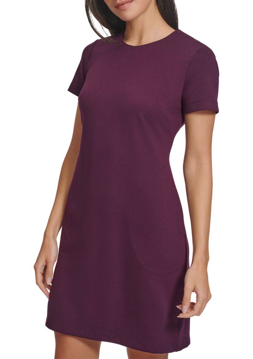 Womens Short Sleeve Crew Neck Solid Pocket Sheath Dress