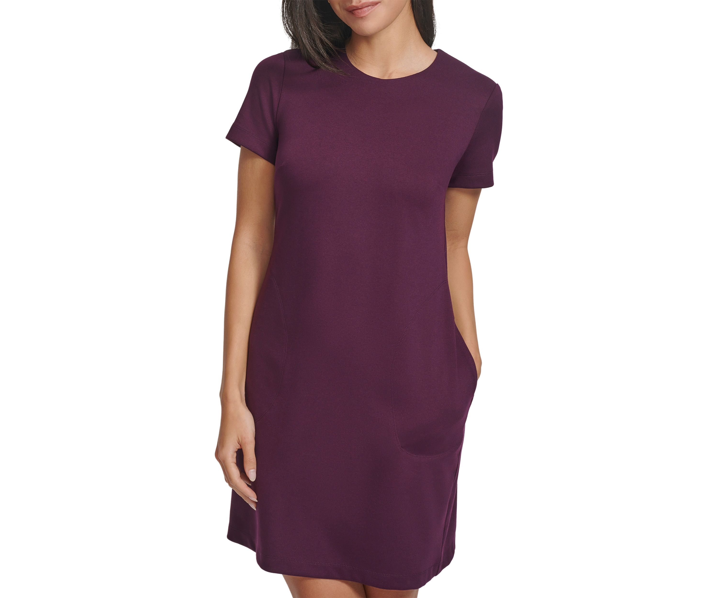 Womens Short Sleeve Crew Neck Solid Pocket Sheath Dress