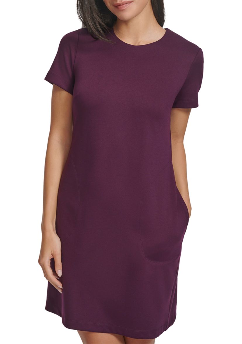 Womens Short Sleeve Crew Neck Solid Pocket Sheath Dress