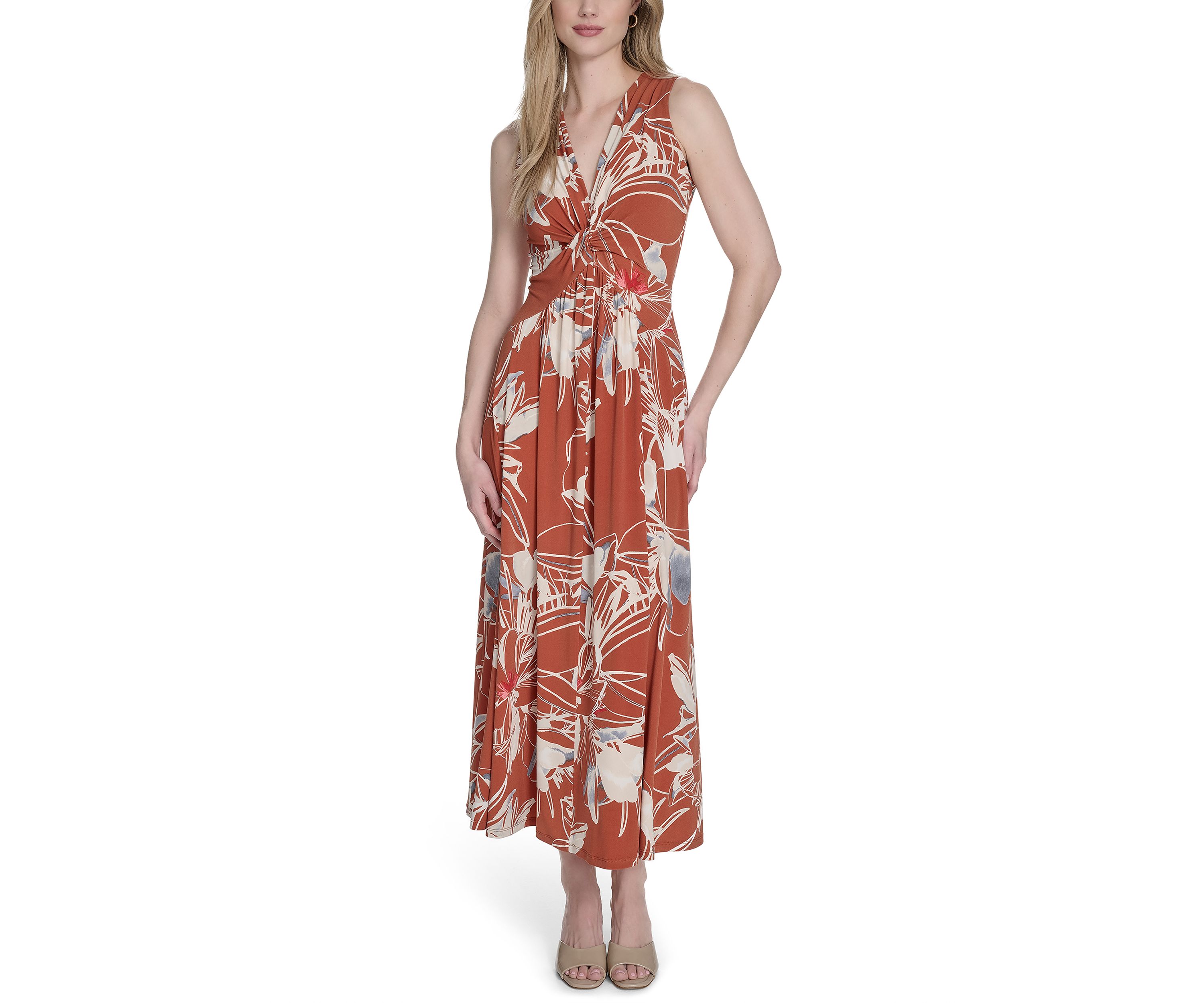 Womens Floral Printed V-Neck Maxi Dress