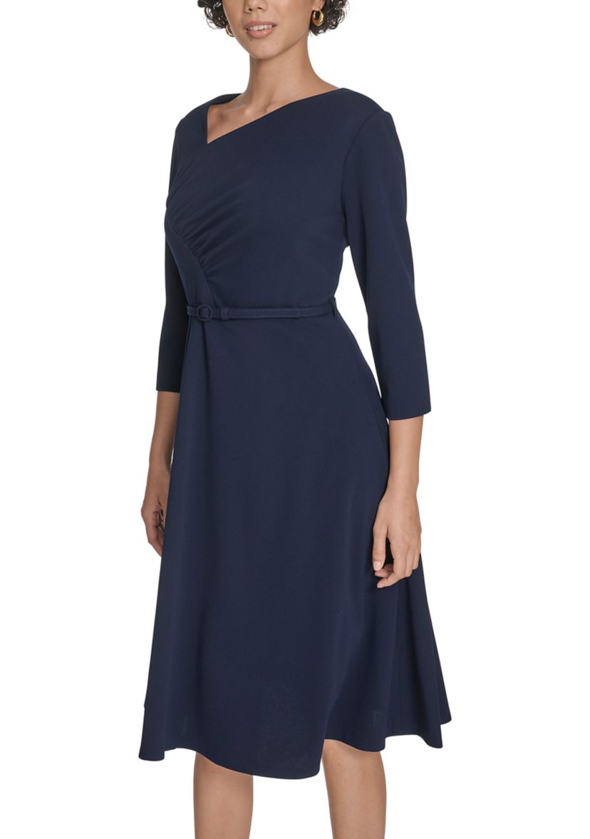 Womens Asymmetrical Neck Scuba Fit and Flare Dress