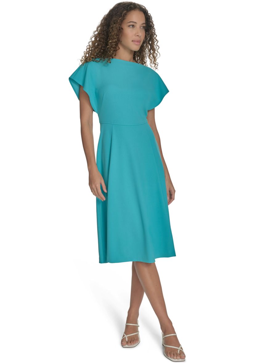 Womens Short Sleeve Crew Neck Solid A-Line Dress