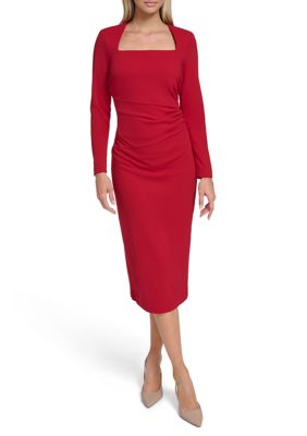 Calvin Klein Women's Long Sleeve Square Neck Midi Dress, Red, 2
