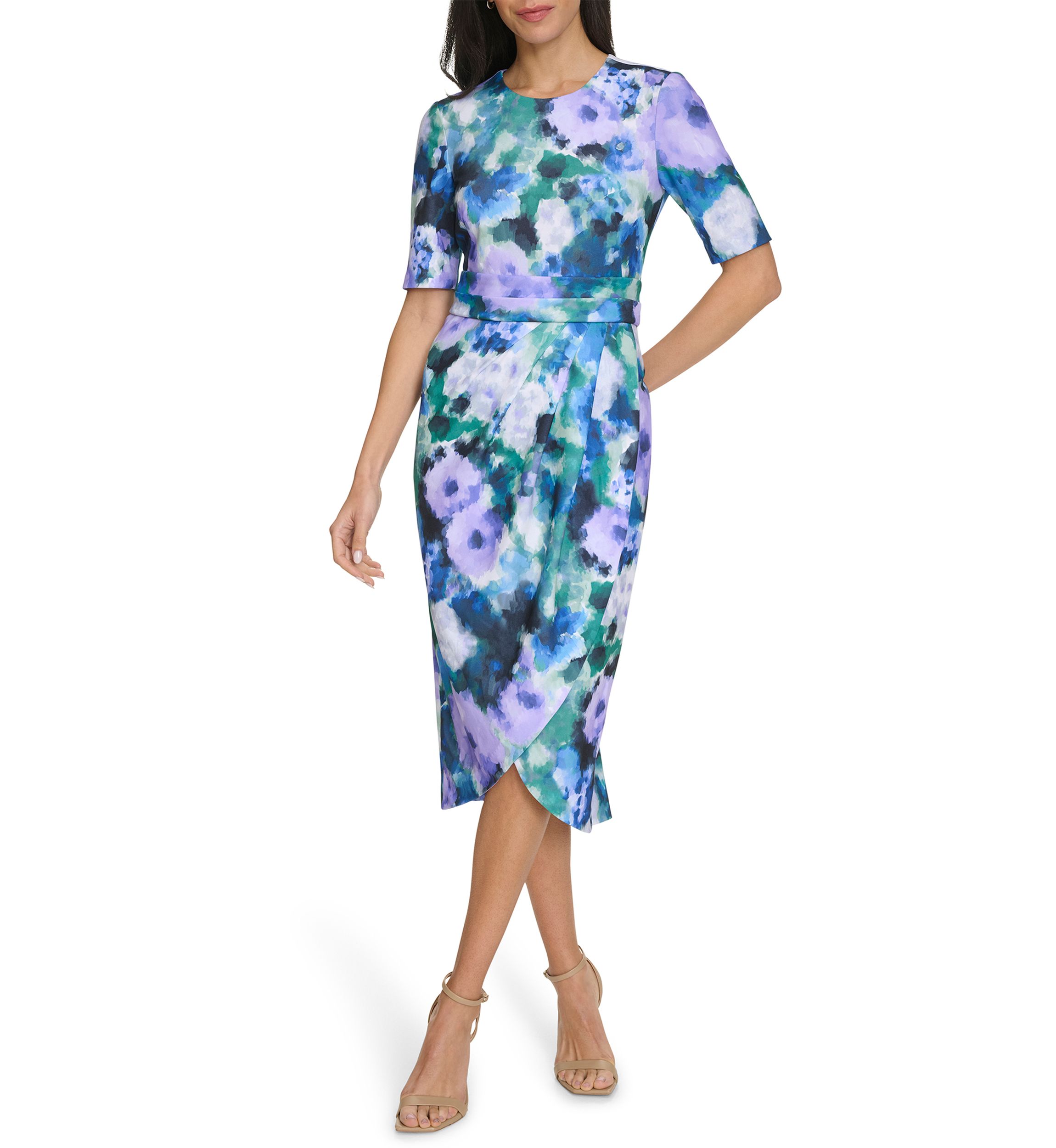 Womens Watercolor Floral Printed Sheath Dress