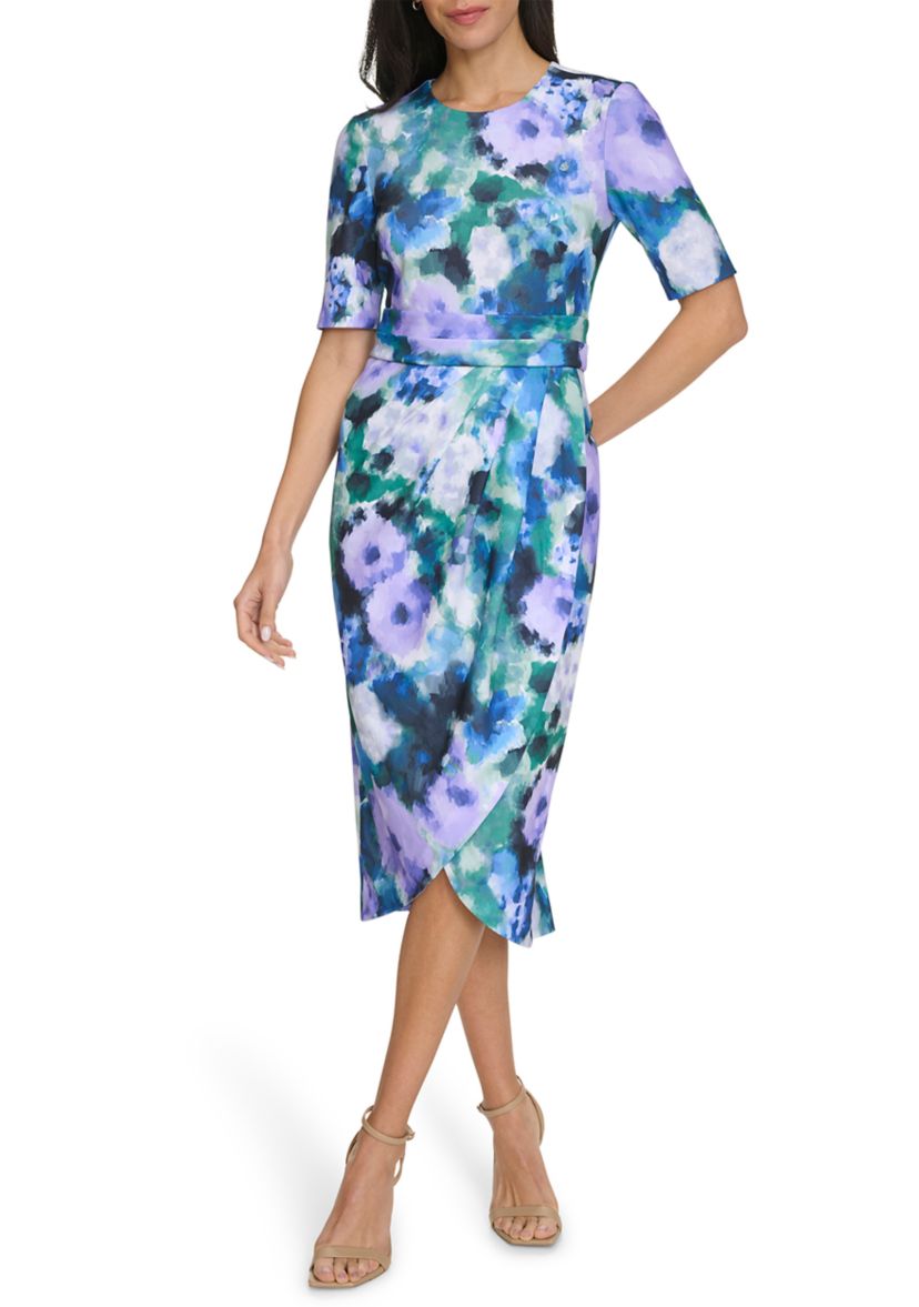 Womens Watercolor Floral Printed Sheath Dress