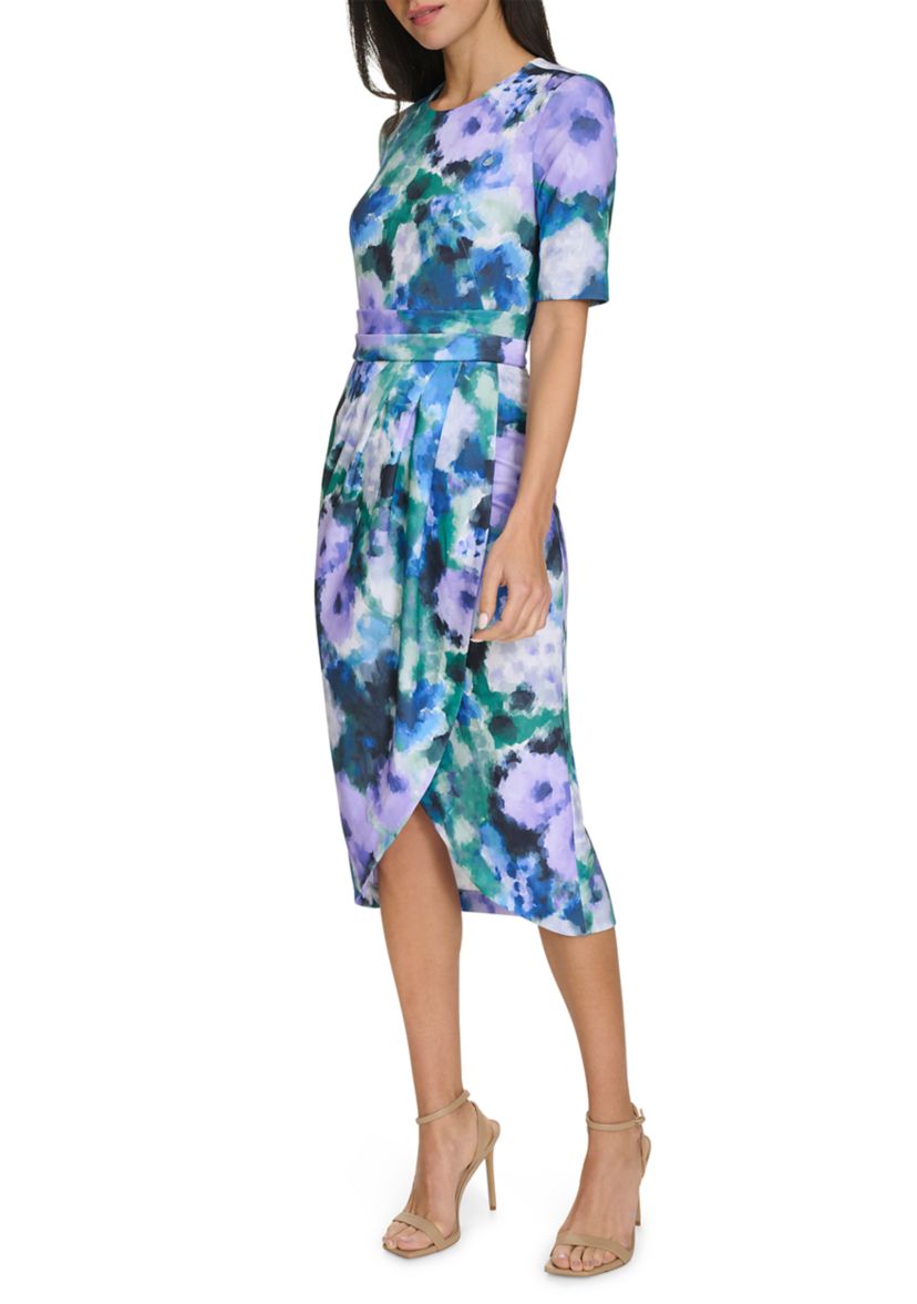 Womens Watercolor Floral Printed Sheath Dress