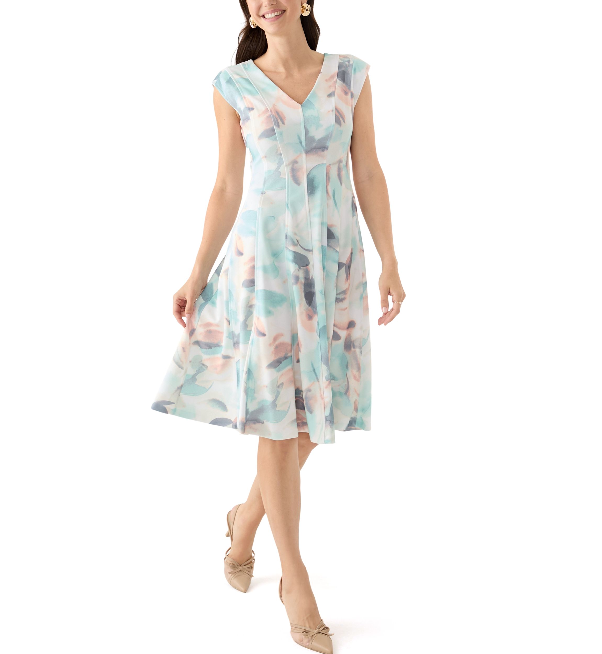 Womens Cap Sleeve V-Neck Floral Dress