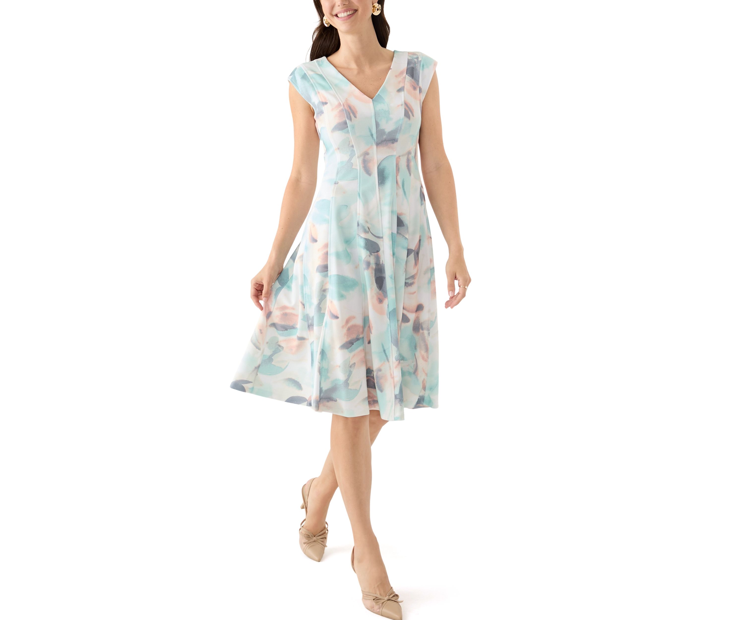 Womens Cap Sleeve V-Neck Floral Dress