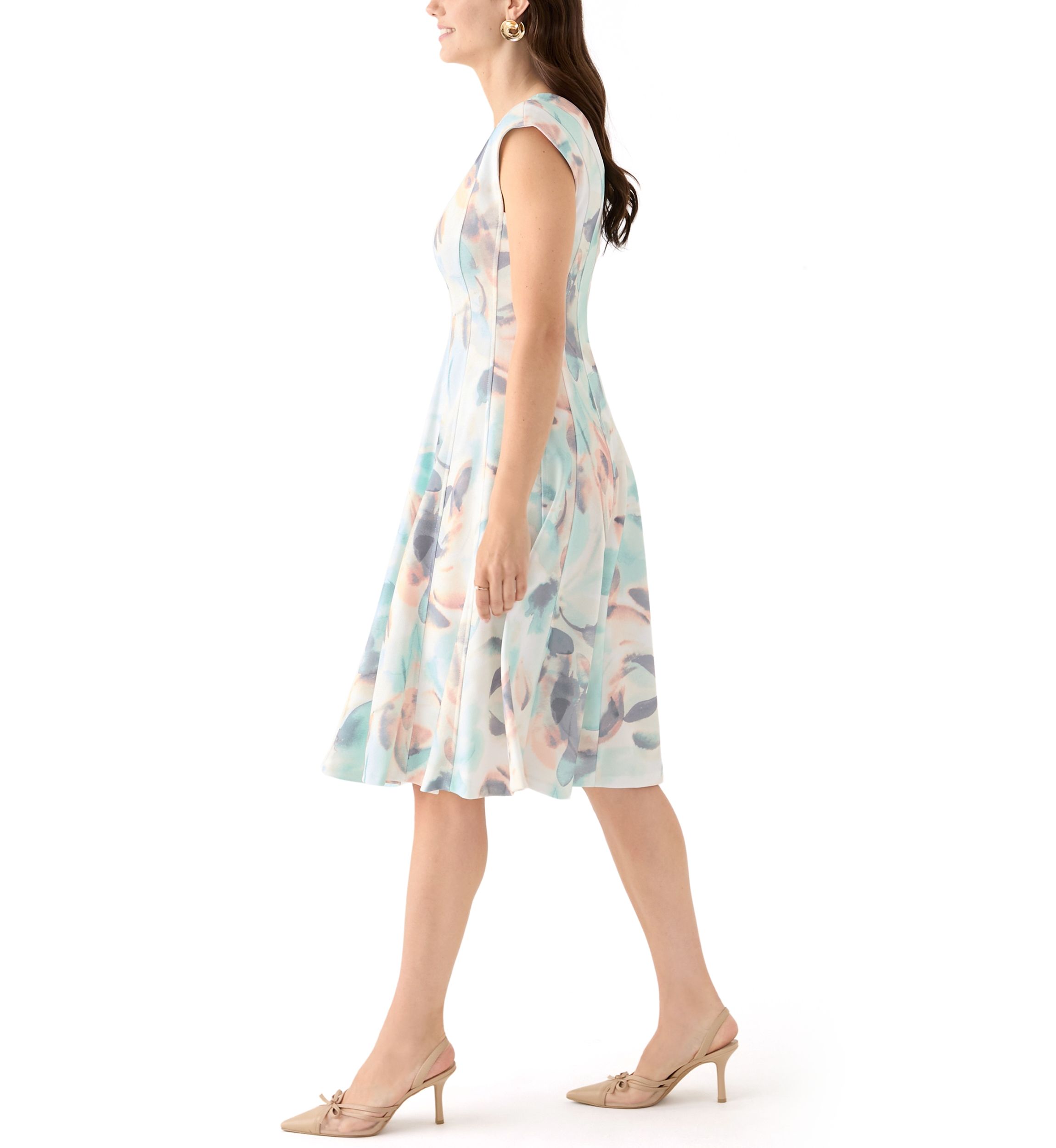 Womens Cap Sleeve V-Neck Floral Dress