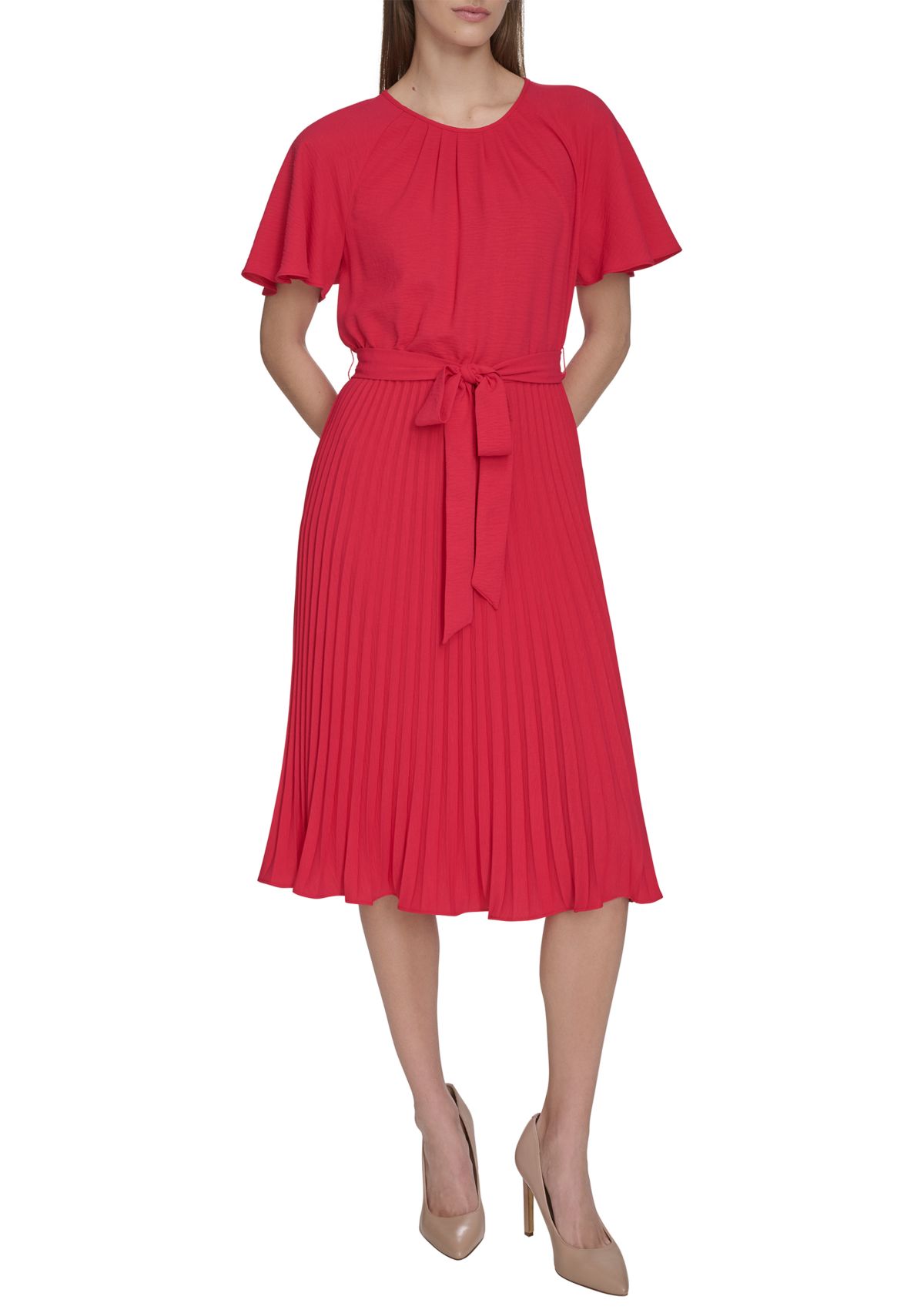 Womens Crew Neck Flutter Sleeve Solid Pleated Tie Waist Dress