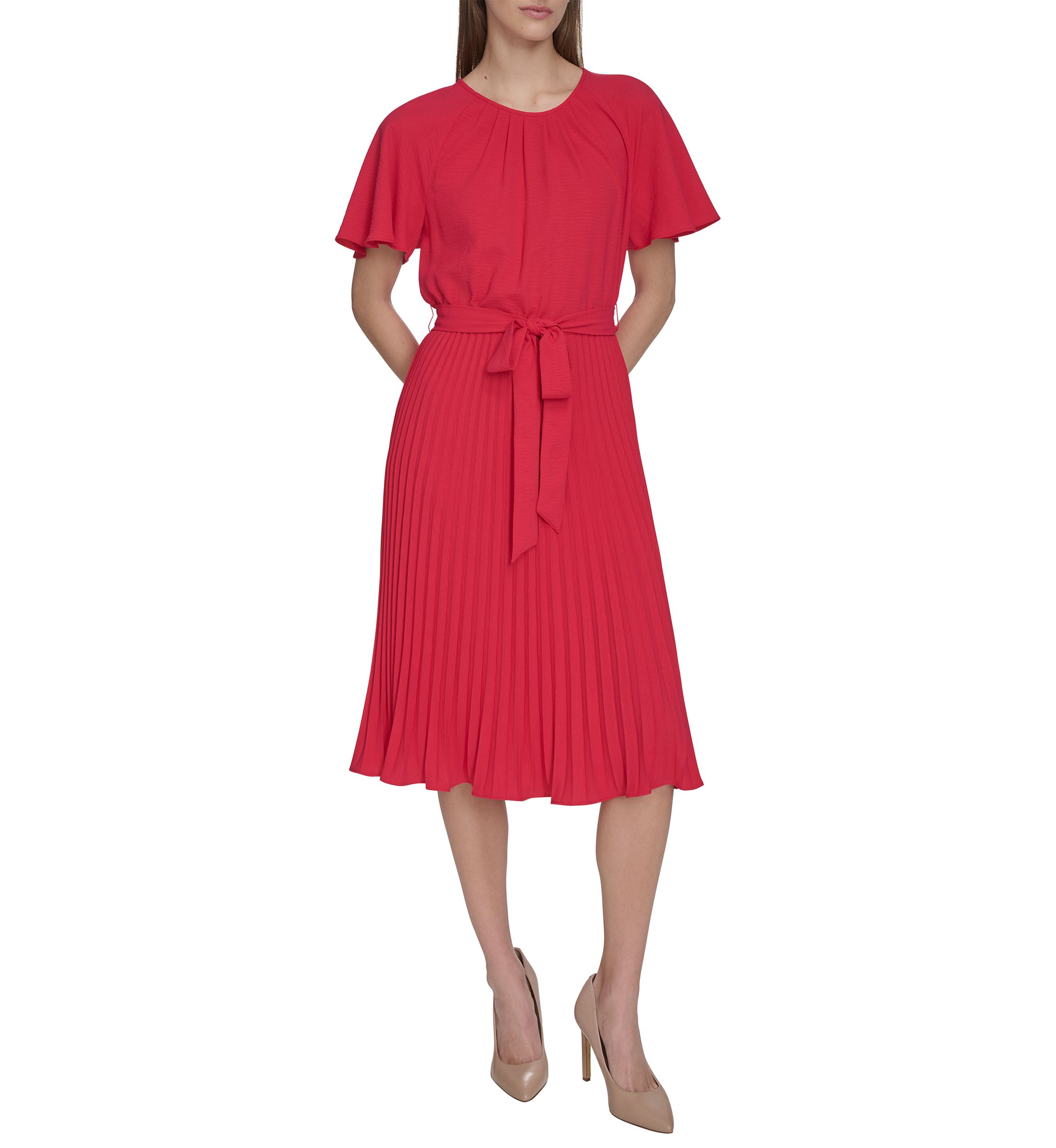 Womens Crew Neck Flutter Sleeve Solid Pleated Tie Waist Dress