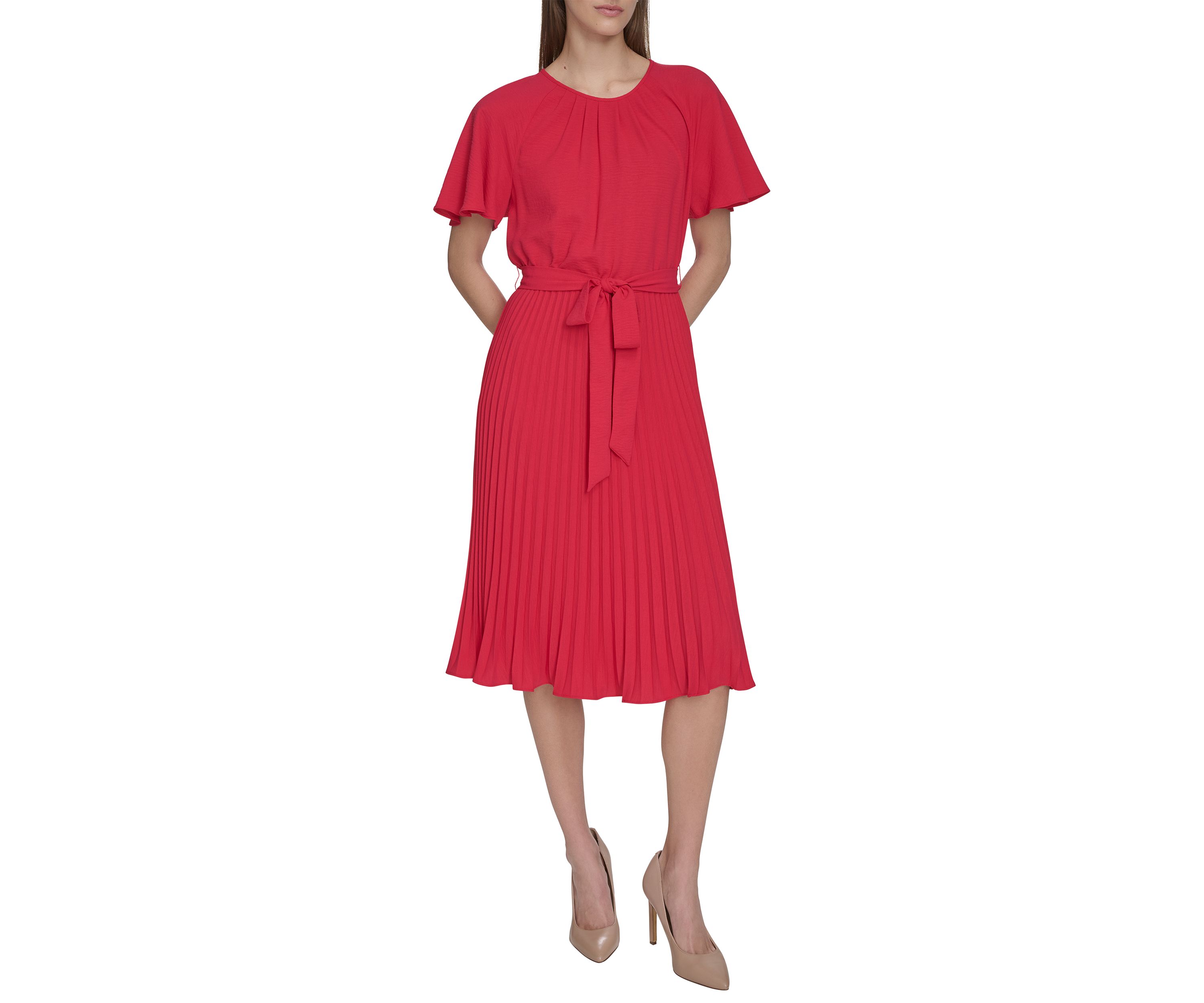 Womens Crew Neck Flutter Sleeve Solid Pleated Tie Waist Dress