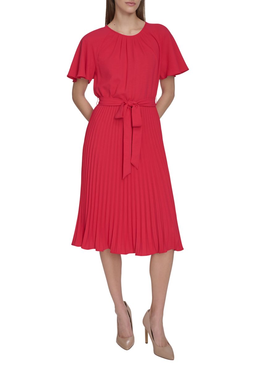 Womens Crew Neck Flutter Sleeve Solid Pleated Tie Waist Dress
