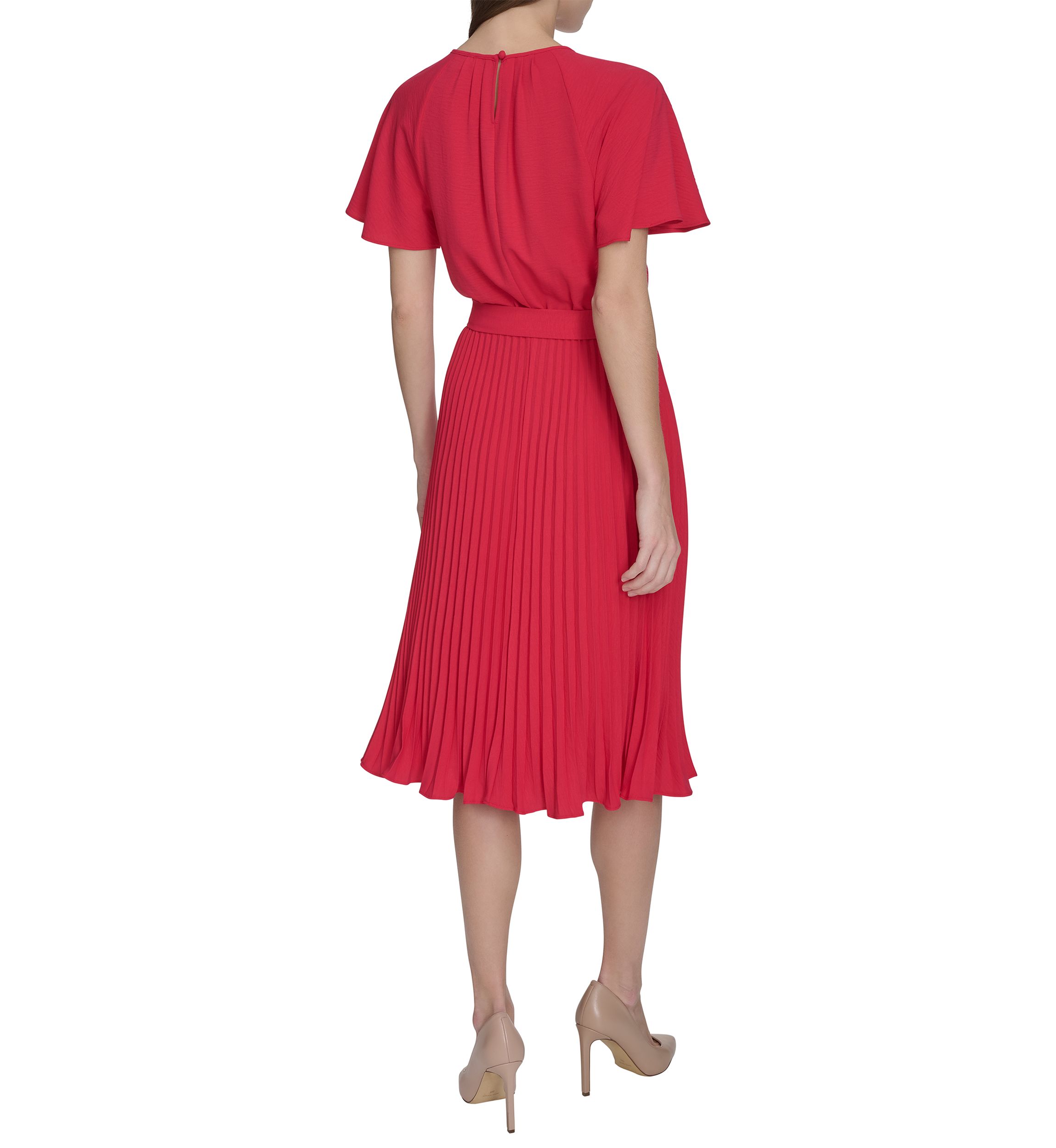 Womens Crew Neck Flutter Sleeve Solid Pleated Tie Waist Dress