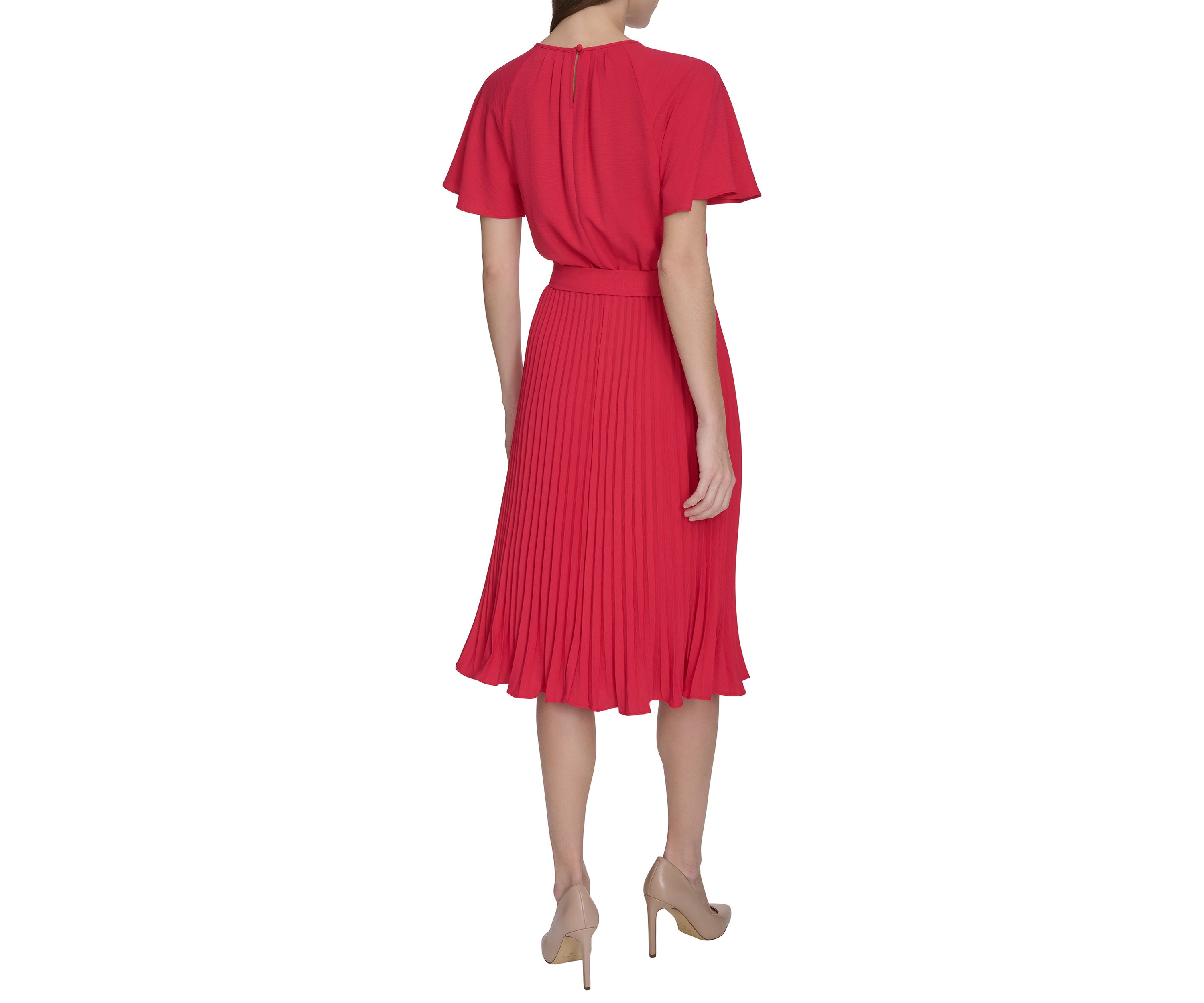 Womens Crew Neck Flutter Sleeve Solid Pleated Tie Waist Dress
