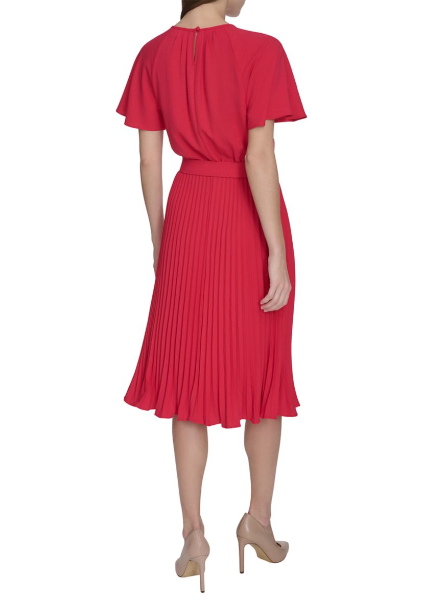 Womens Crew Neck Flutter Sleeve Solid Pleated Tie Waist Dress