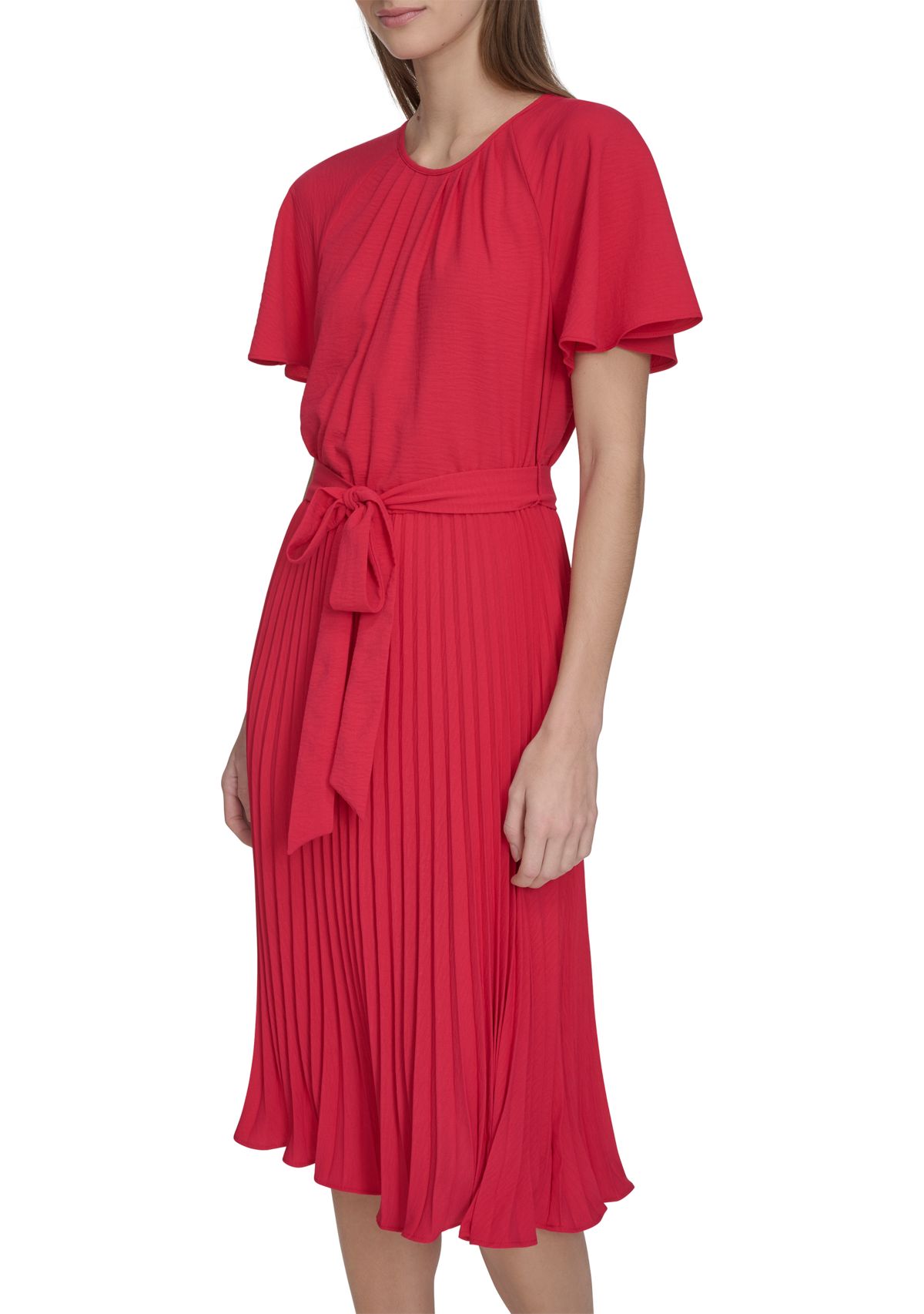 Womens Crew Neck Flutter Sleeve Solid Pleated Tie Waist Dress