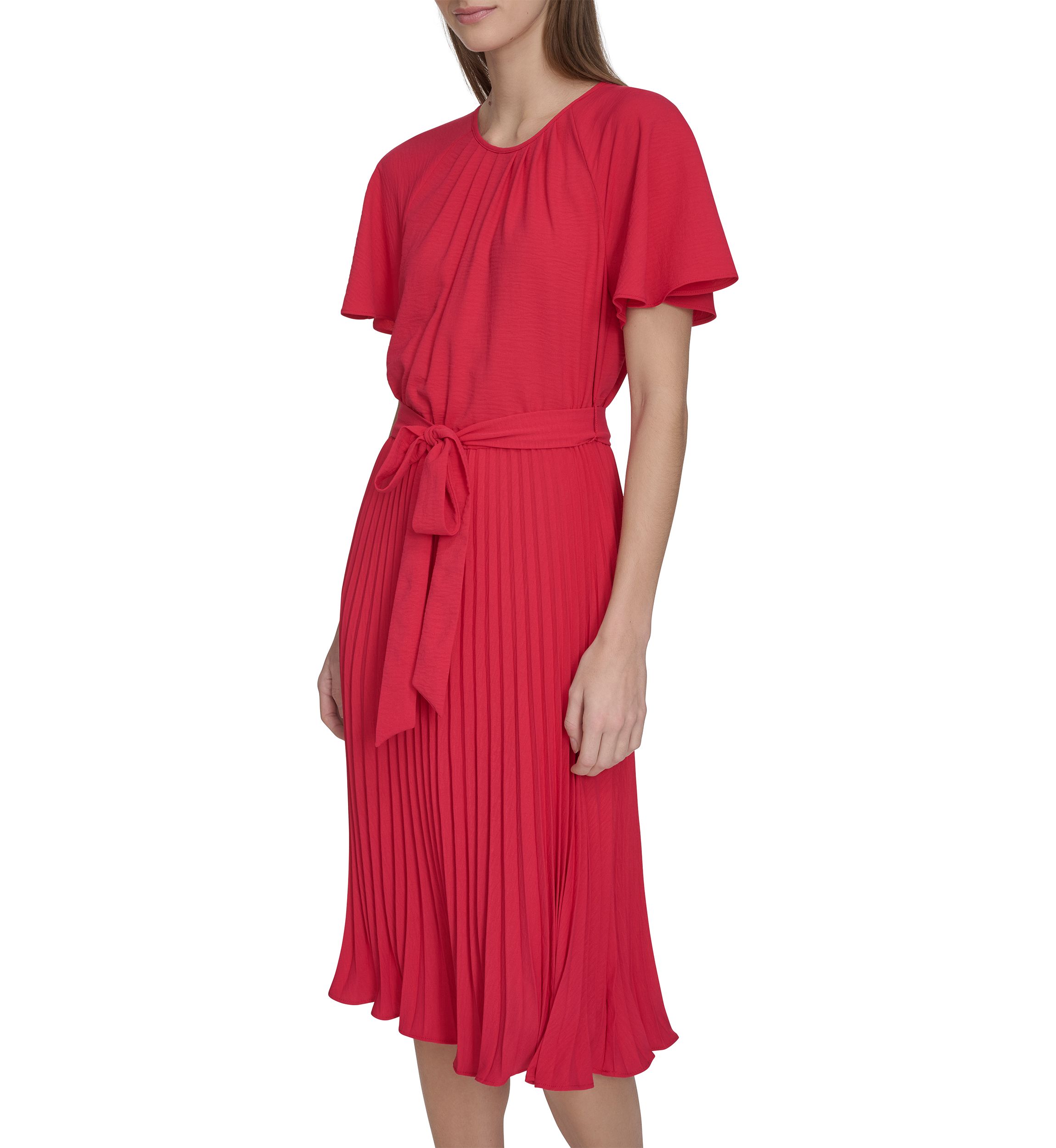 Womens Crew Neck Flutter Sleeve Solid Pleated Tie Waist Dress