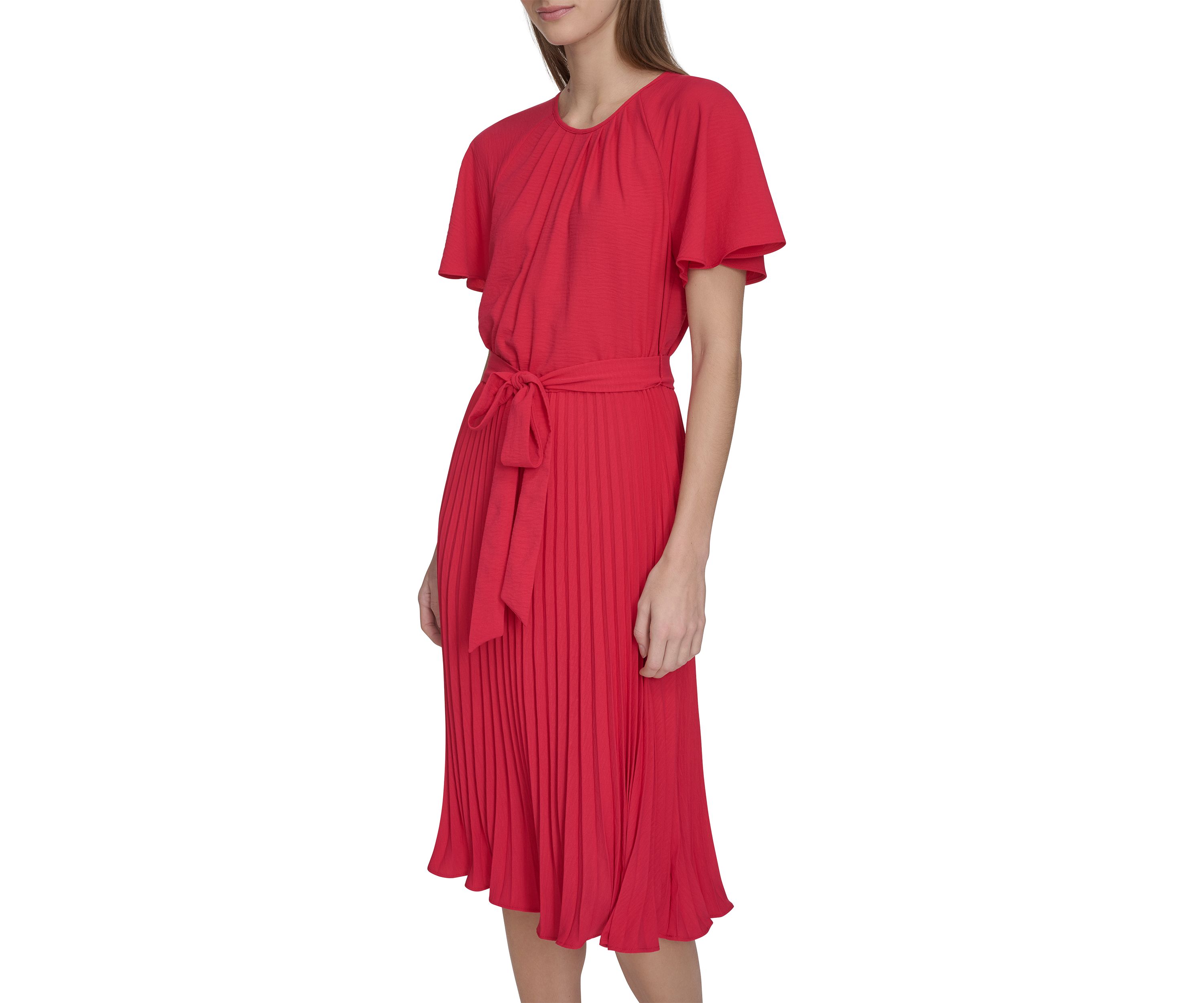 Womens Crew Neck Flutter Sleeve Solid Pleated Tie Waist Dress