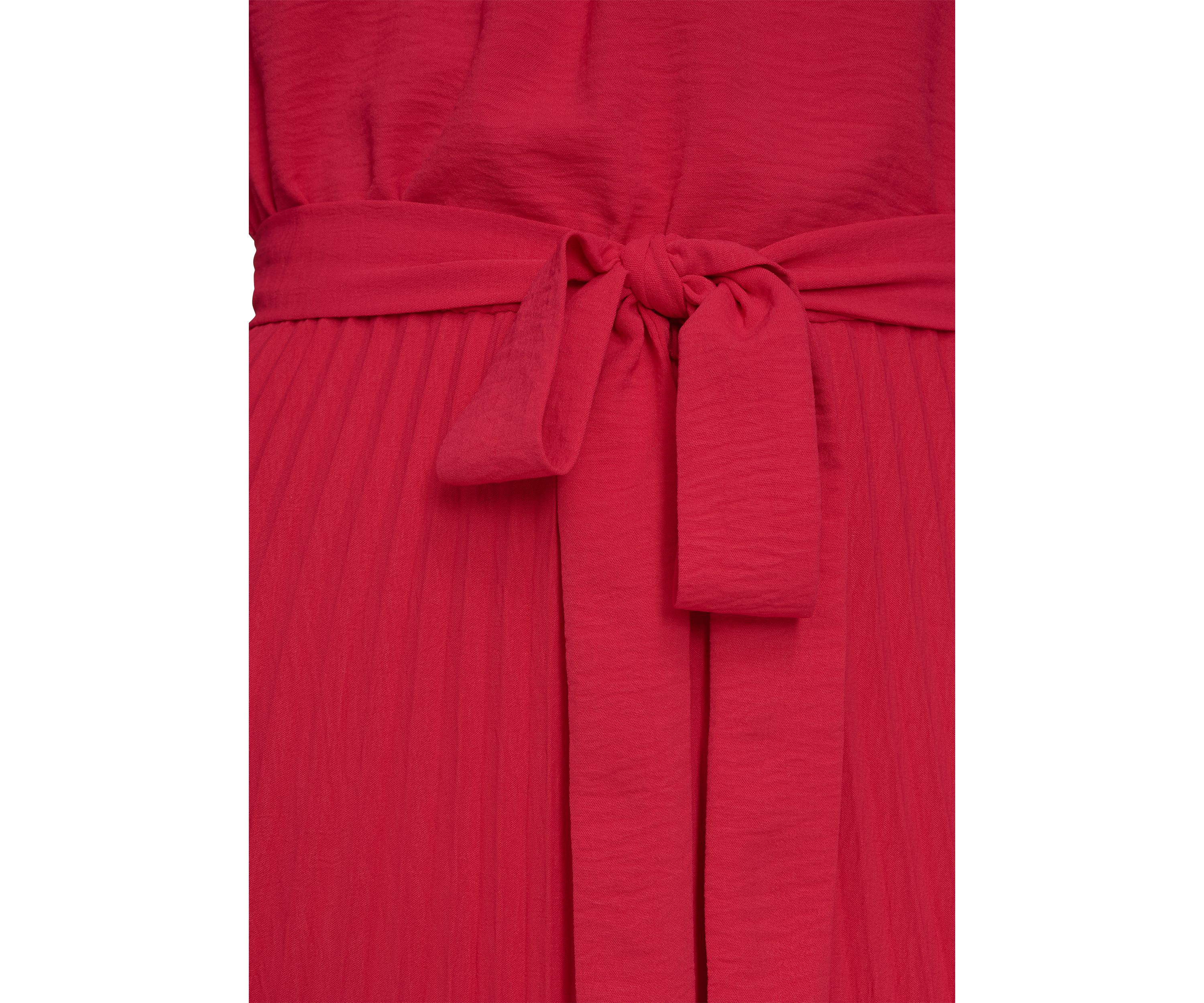 Womens Crew Neck Flutter Sleeve Solid Pleated Tie Waist Dress