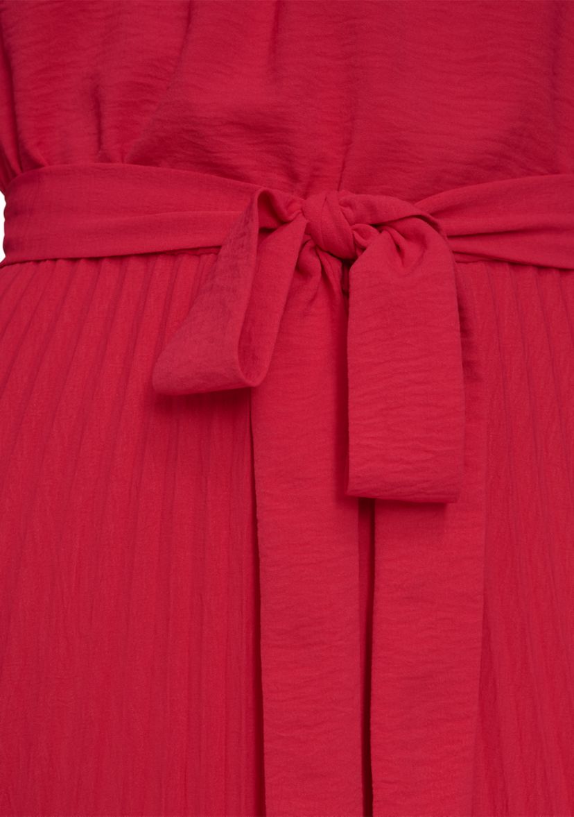 Womens Crew Neck Flutter Sleeve Solid Pleated Tie Waist Dress