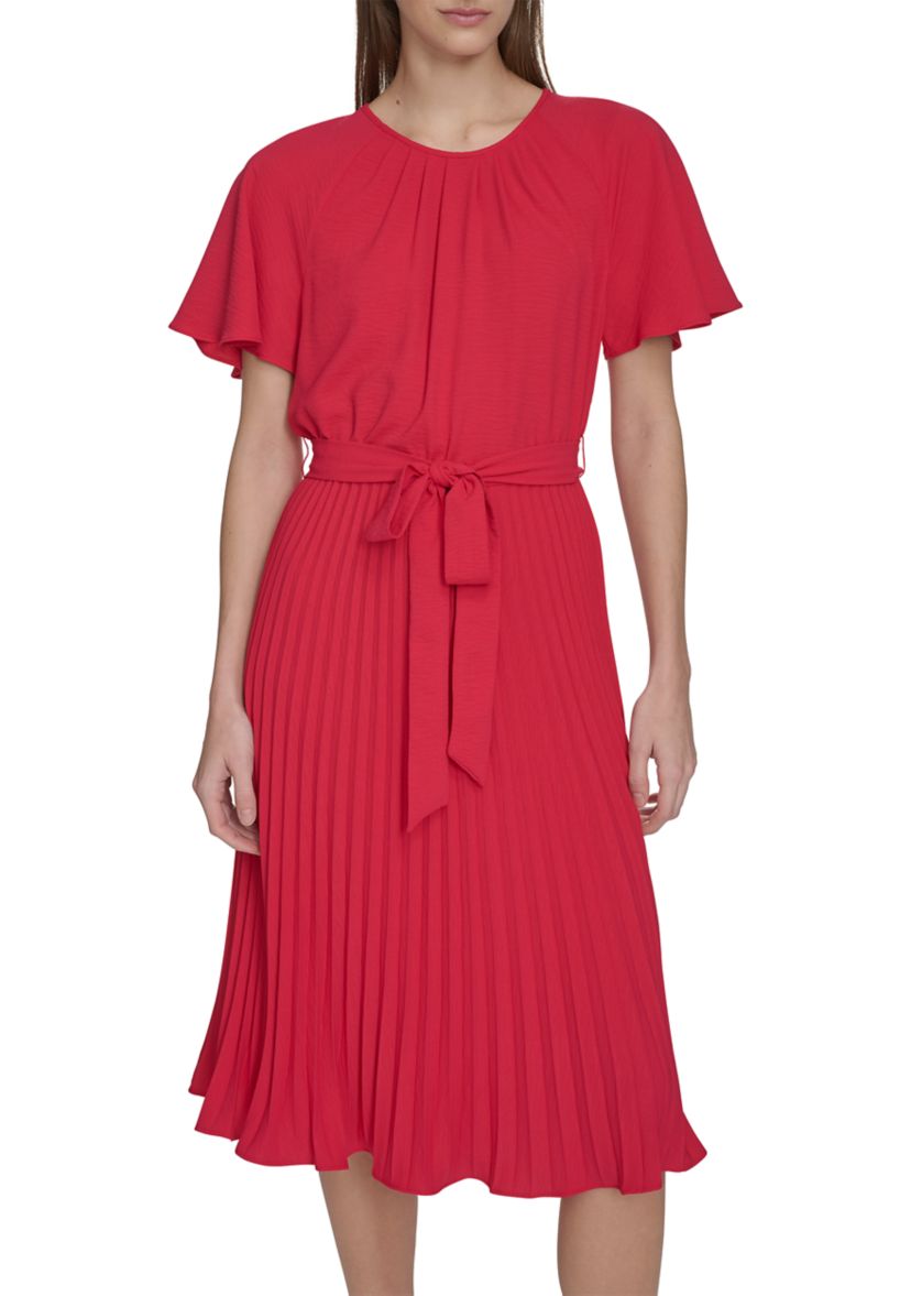 Womens Crew Neck Flutter Sleeve Solid Pleated Tie Waist Dress