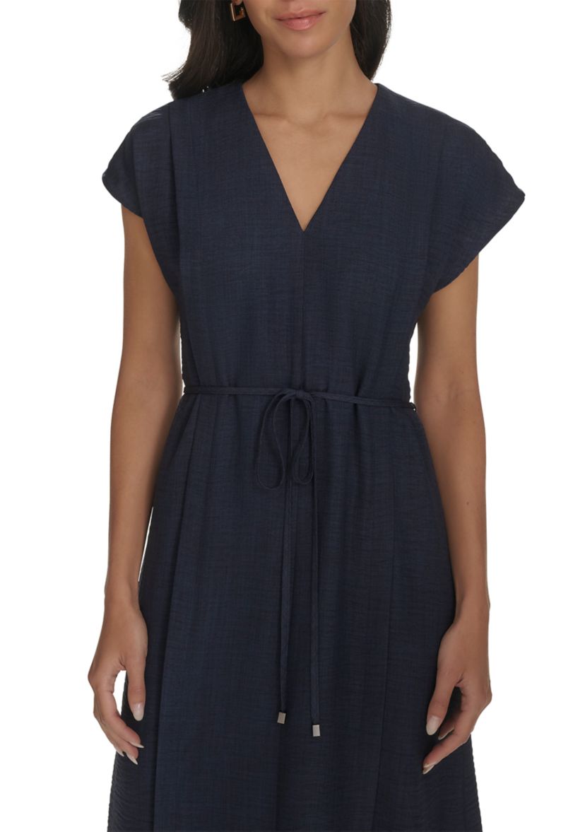 Womens Cap Sleeve V-Neck Fit and Flare Dress