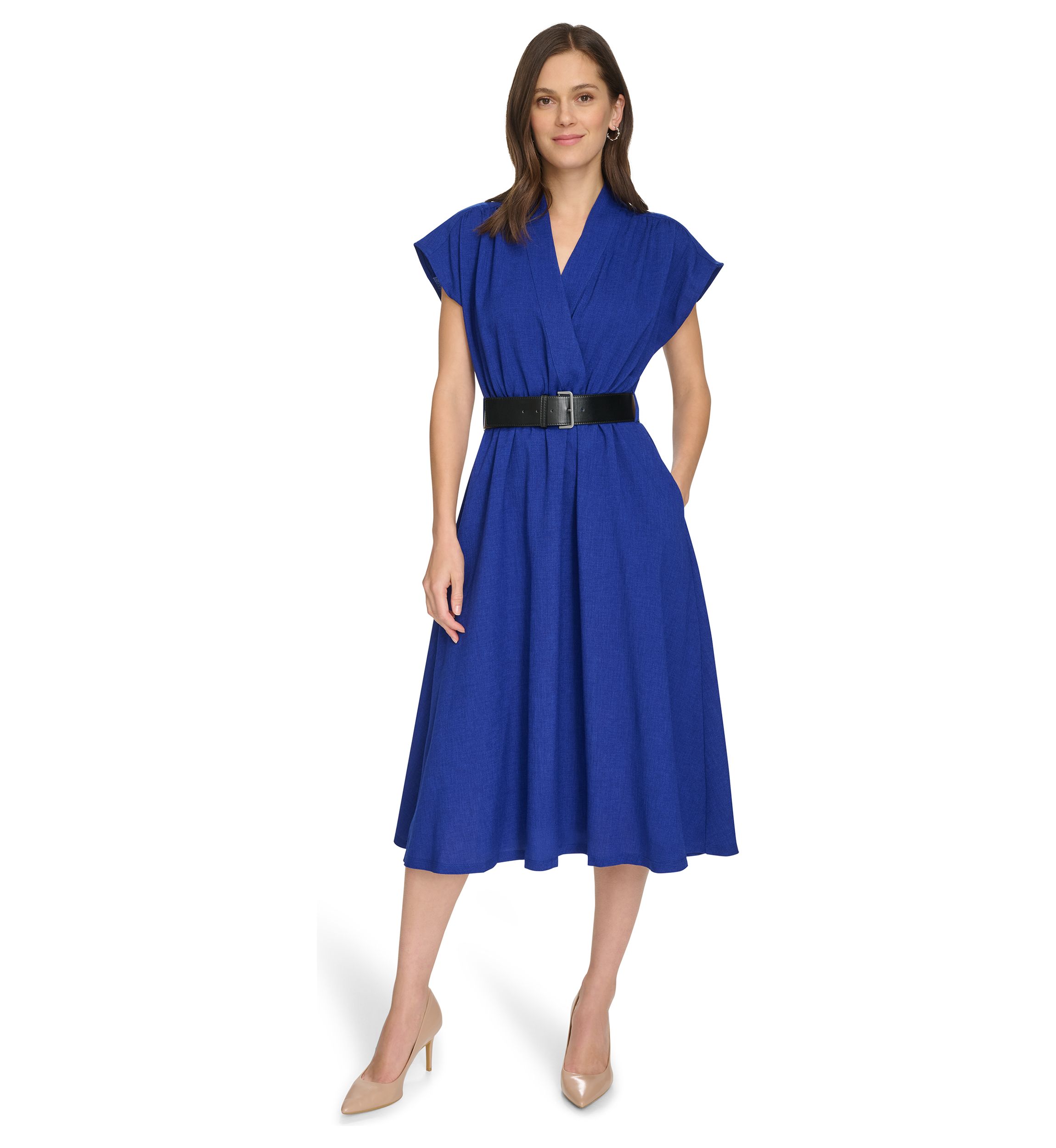 Womens Short Sleeve V-Neck Belted Fit and Flare Dress