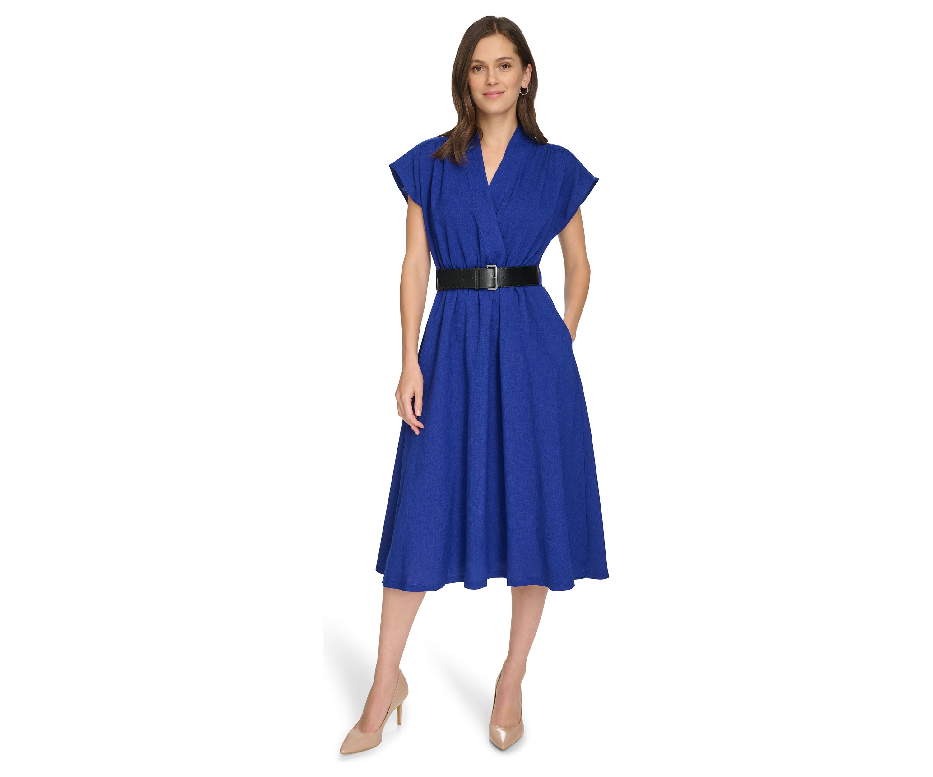 Womens Short Sleeve V-Neck Belted Fit and Flare Dress
