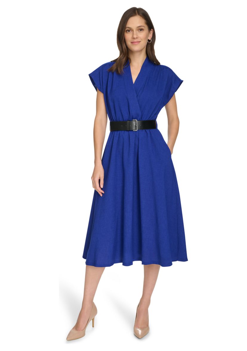 Womens Short Sleeve V-Neck Belted Fit and Flare Dress