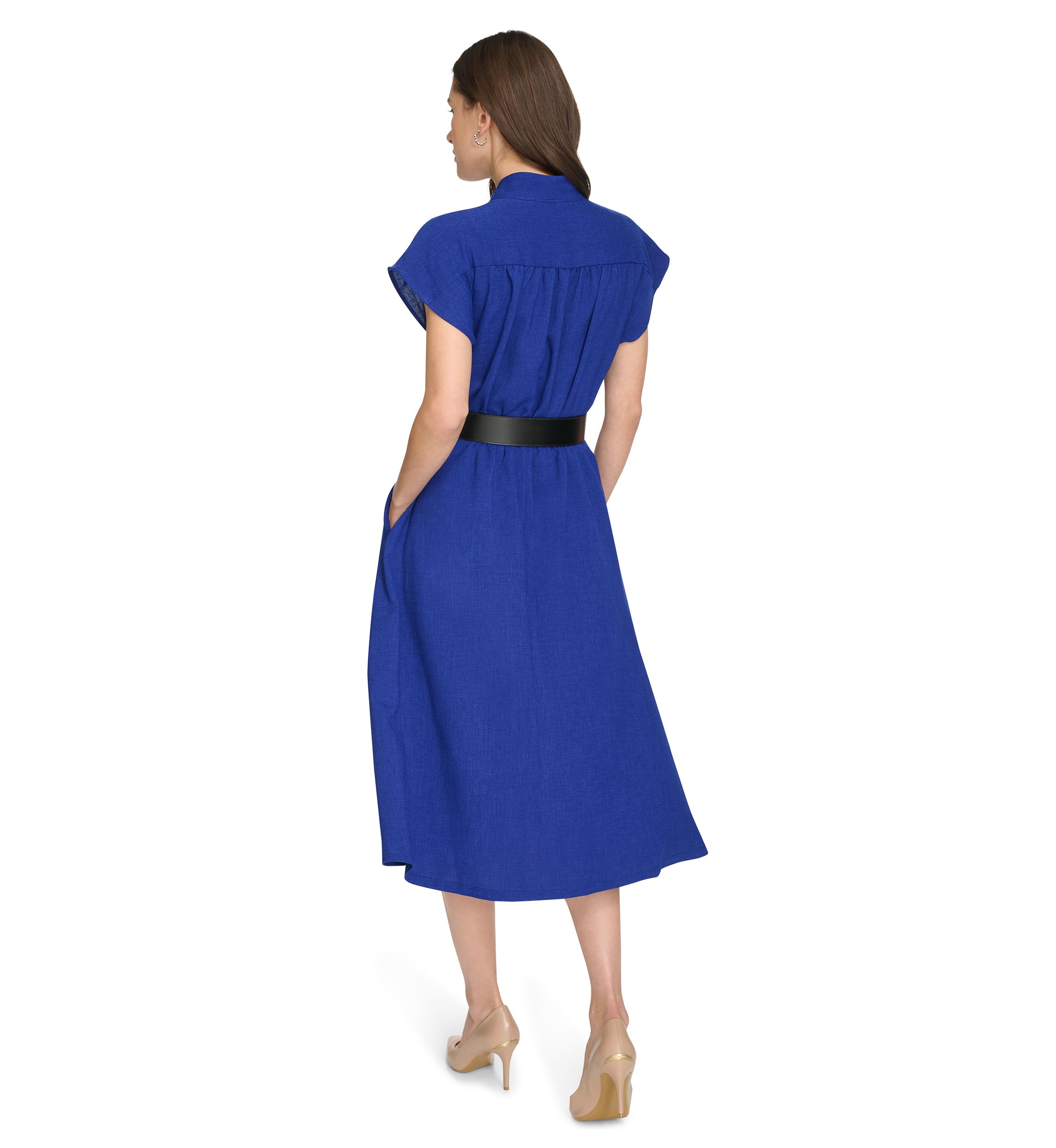 Womens Short Sleeve V-Neck Belted Fit and Flare Dress