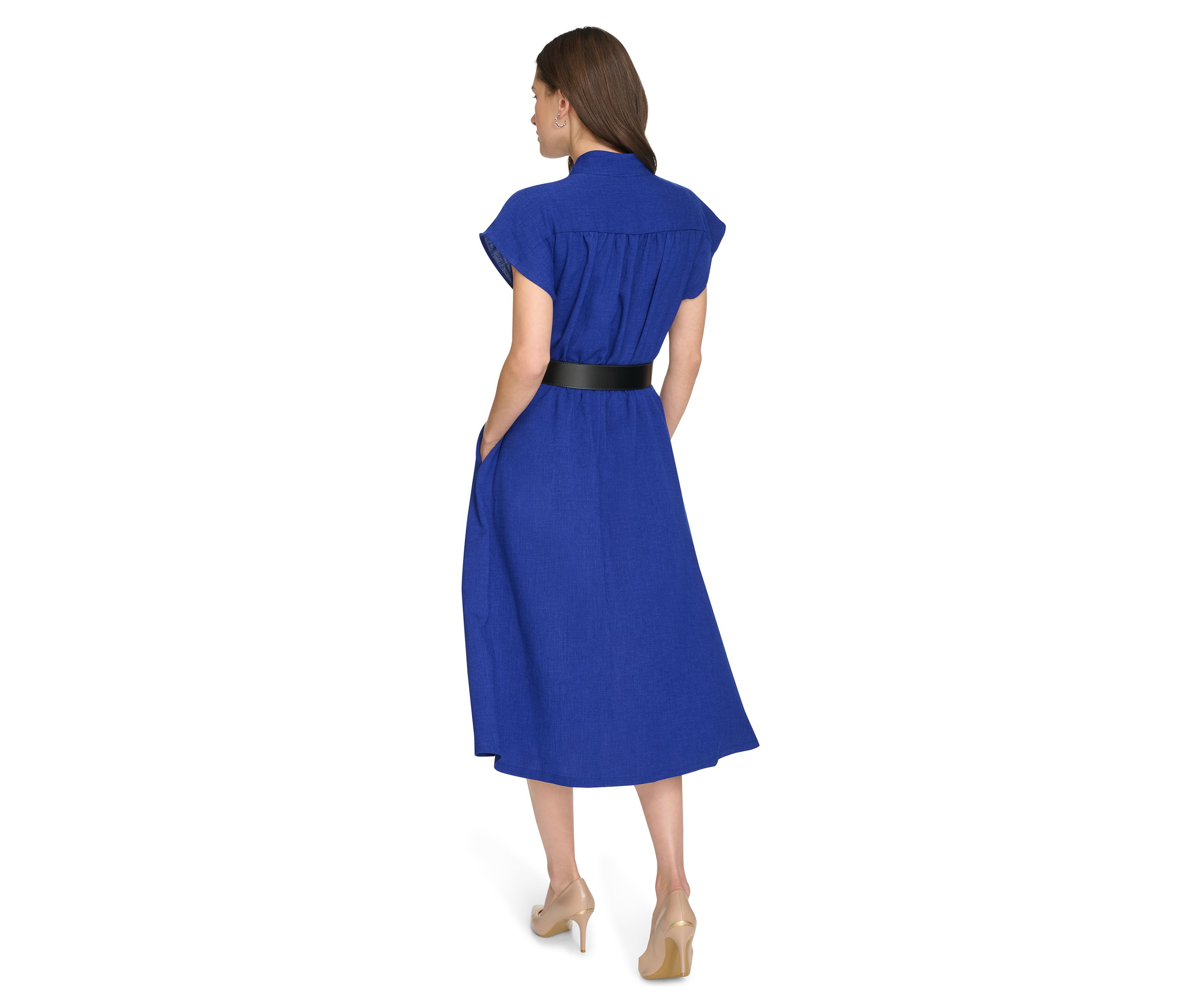 Womens Short Sleeve V-Neck Belted Fit and Flare Dress