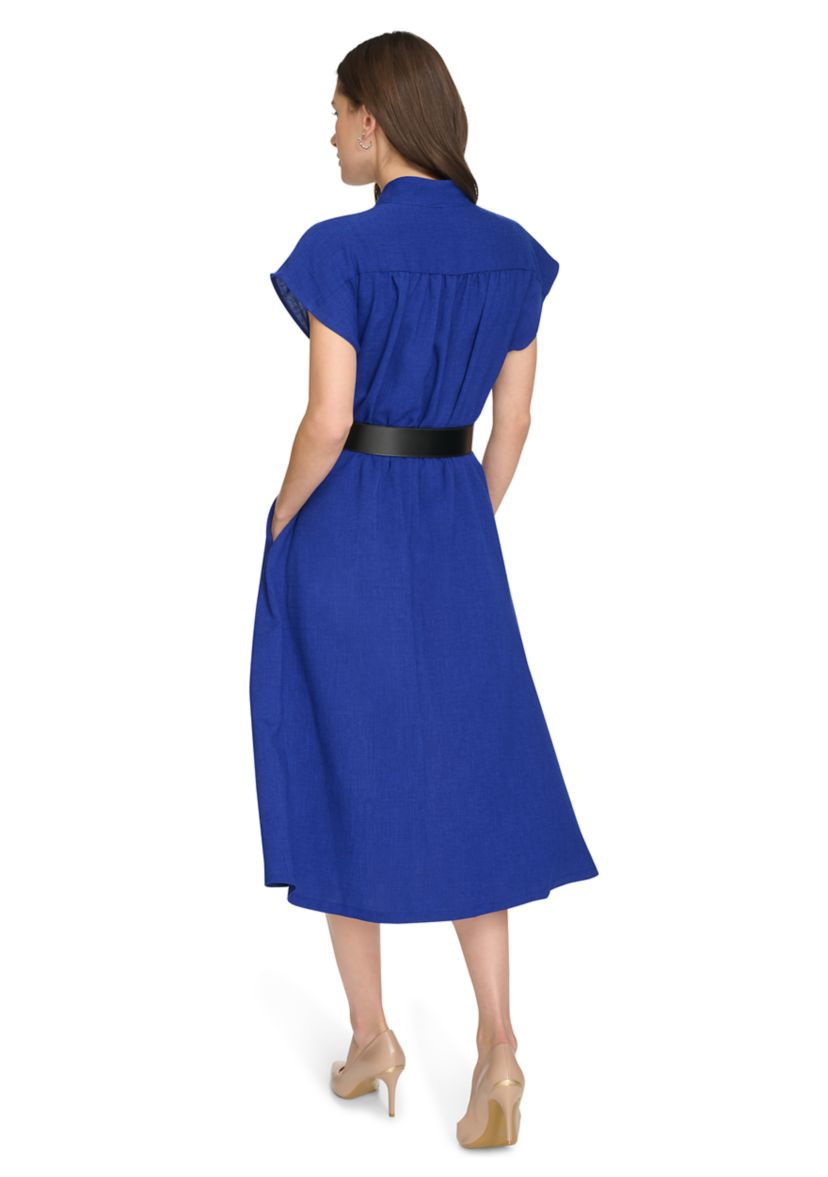 Womens Short Sleeve V-Neck Belted Fit and Flare Dress