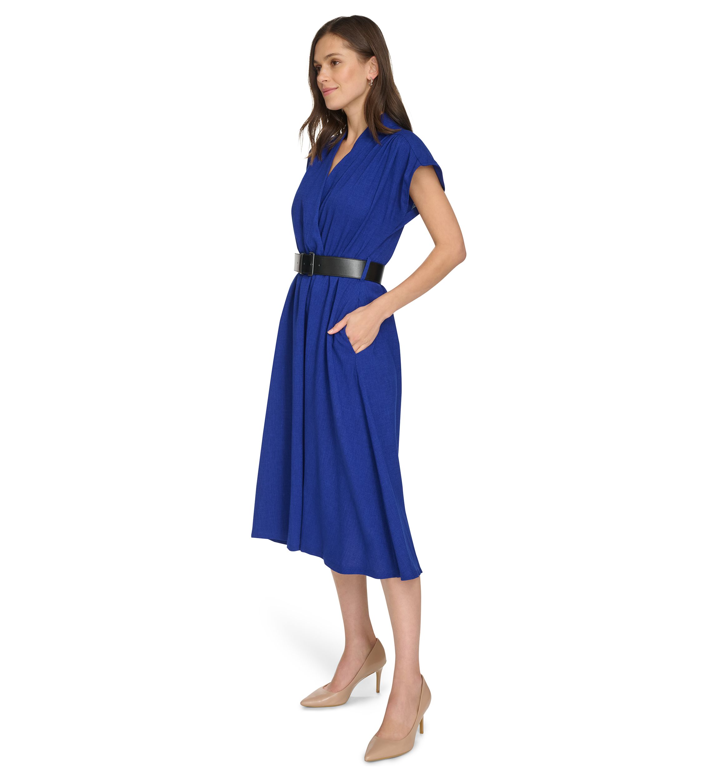 Womens Short Sleeve V-Neck Belted Fit and Flare Dress