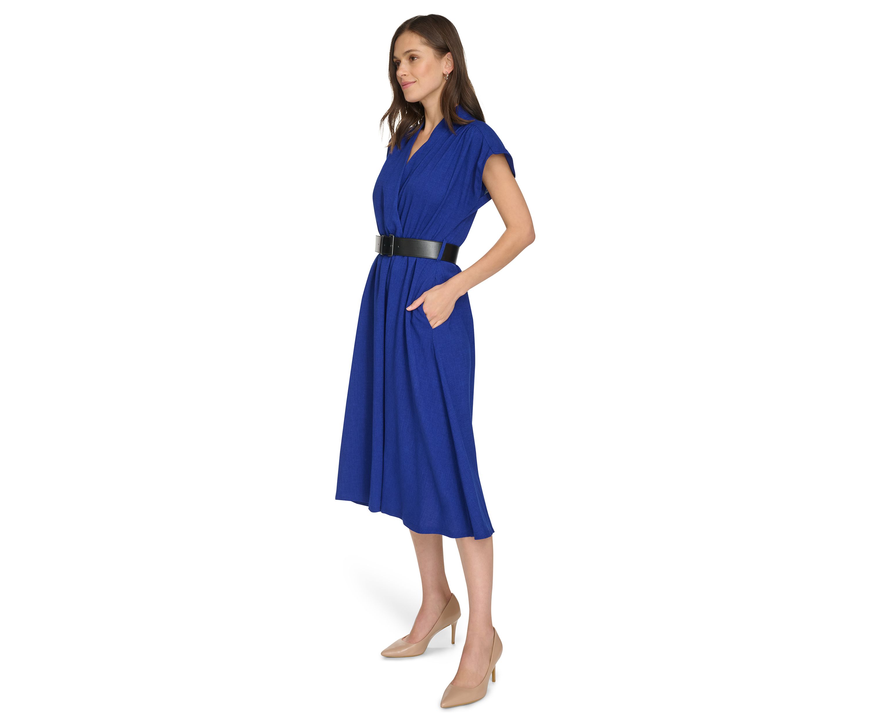 Womens Short Sleeve V-Neck Belted Fit and Flare Dress