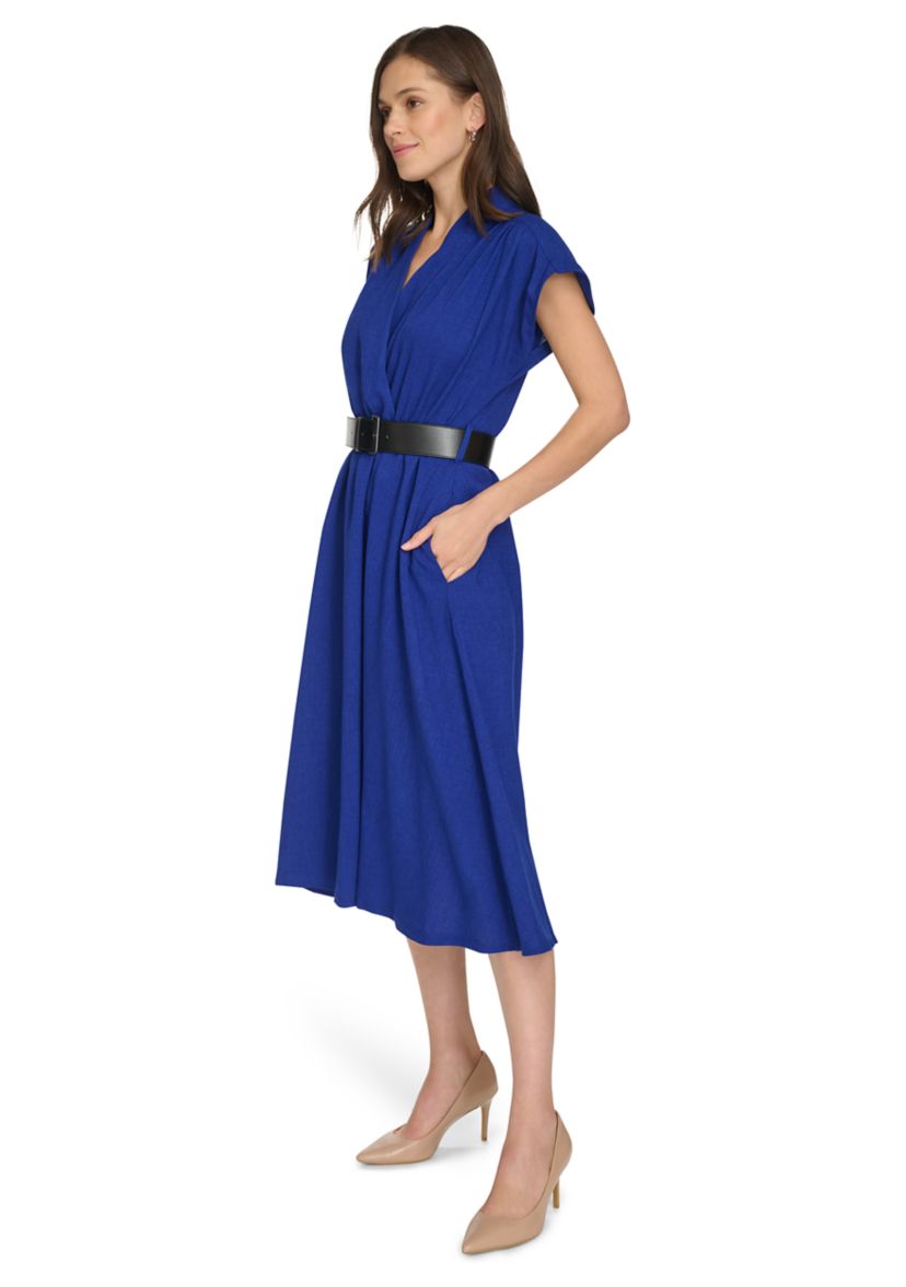 Womens Short Sleeve V-Neck Belted Fit and Flare Dress