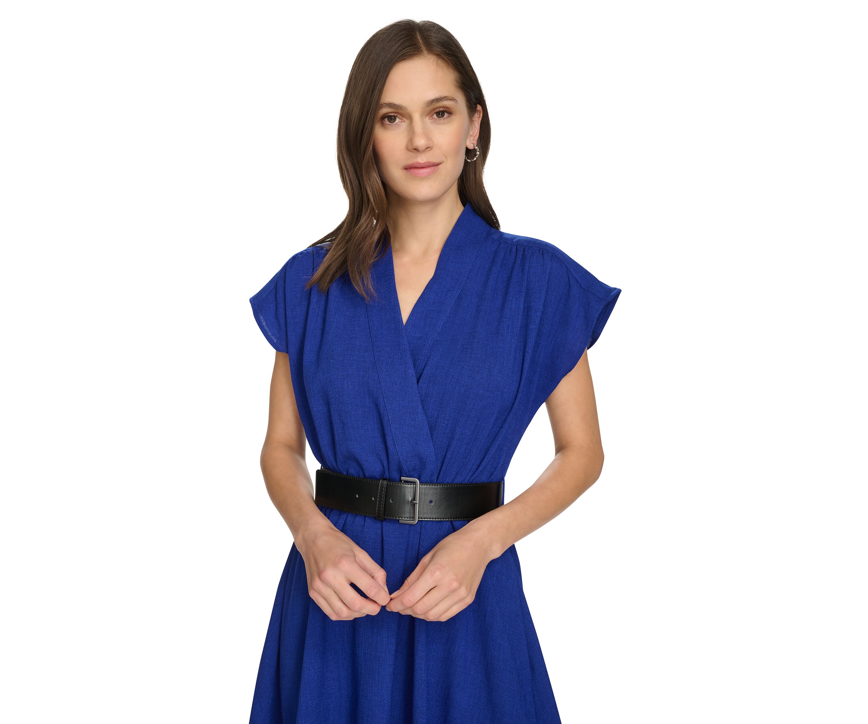Womens Short Sleeve V-Neck Belted Fit and Flare Dress
